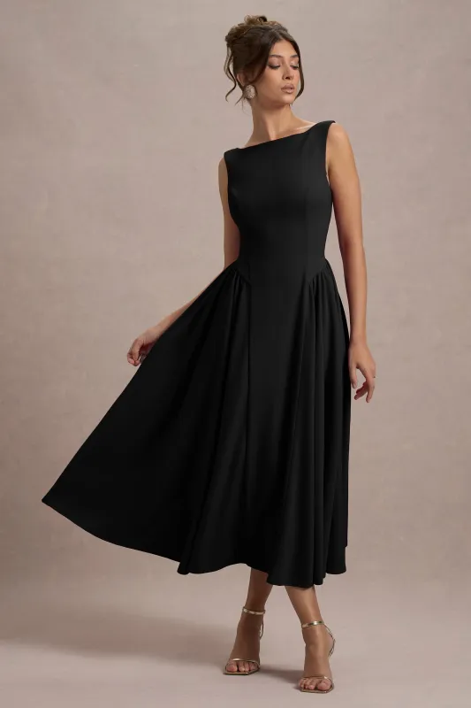 Muriel | Black Boat Neck A-Line Midi Dress With Gathered Detailing made by Club L London