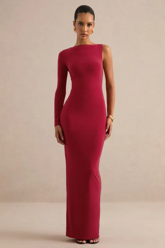 Kestrel | Red Round-Neck One Sleeve Maxi Dress made by Club L London