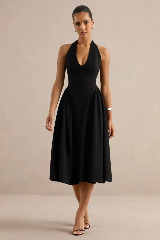 Mirel | Black Halter Midi Dress With Ties made by Club L London