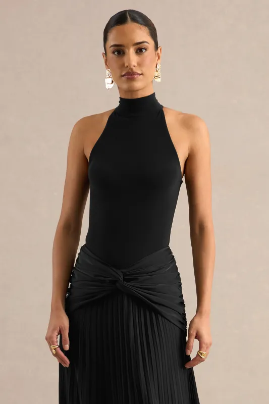 Genevia | Black Halter Neck Thong Bodysuit made by Club L London