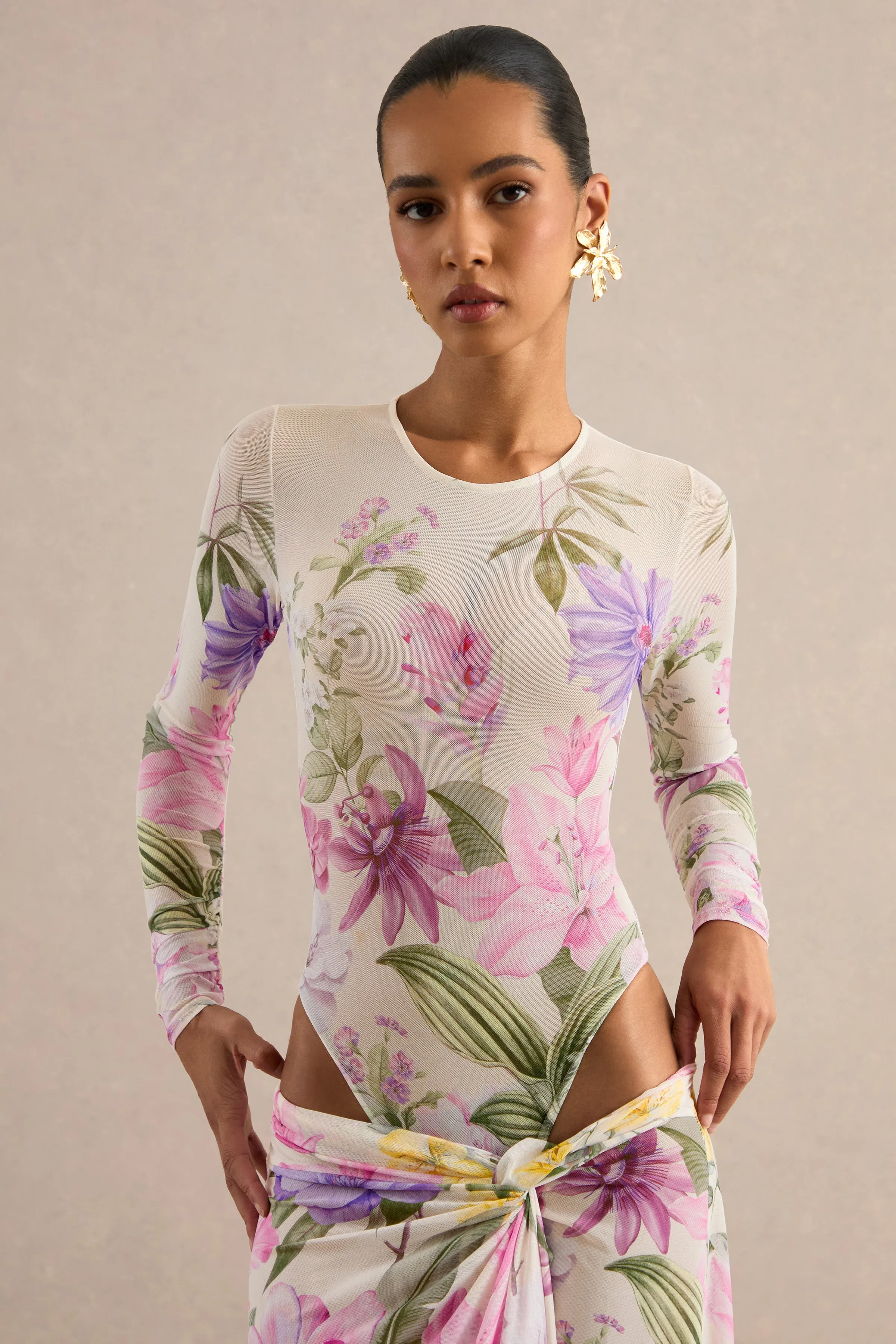 Malva | Cream Floral Print Mesh Round-Neck Bodysuit sold by Club L London product image thumbnail 4