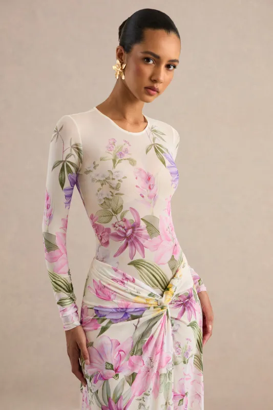 Malva | Cream Floral Print Mesh Round-Neck Bodysuit made by Club L London