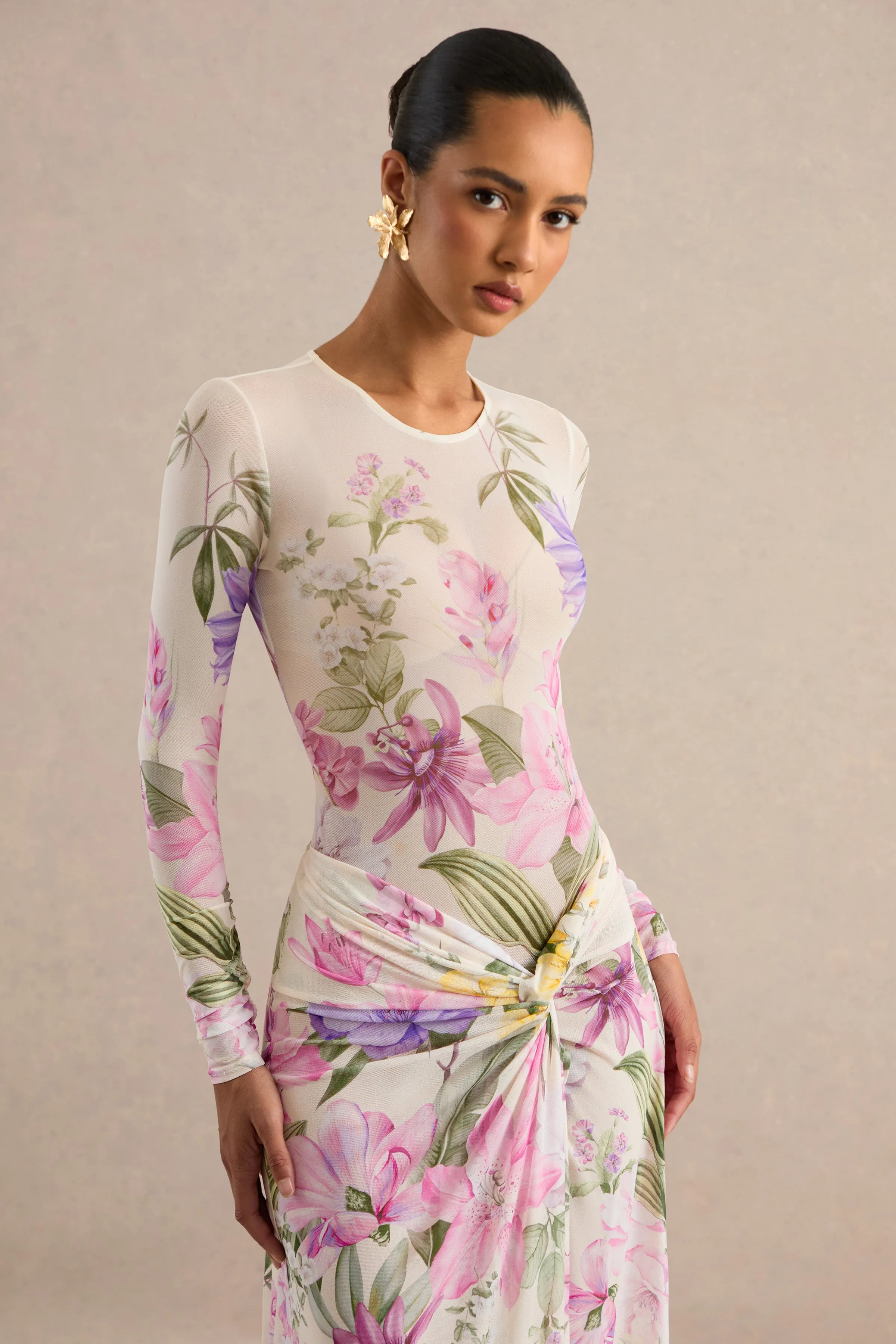 Malva | Cream Floral Print Mesh Round-Neck Bodysuit sold by Club L London