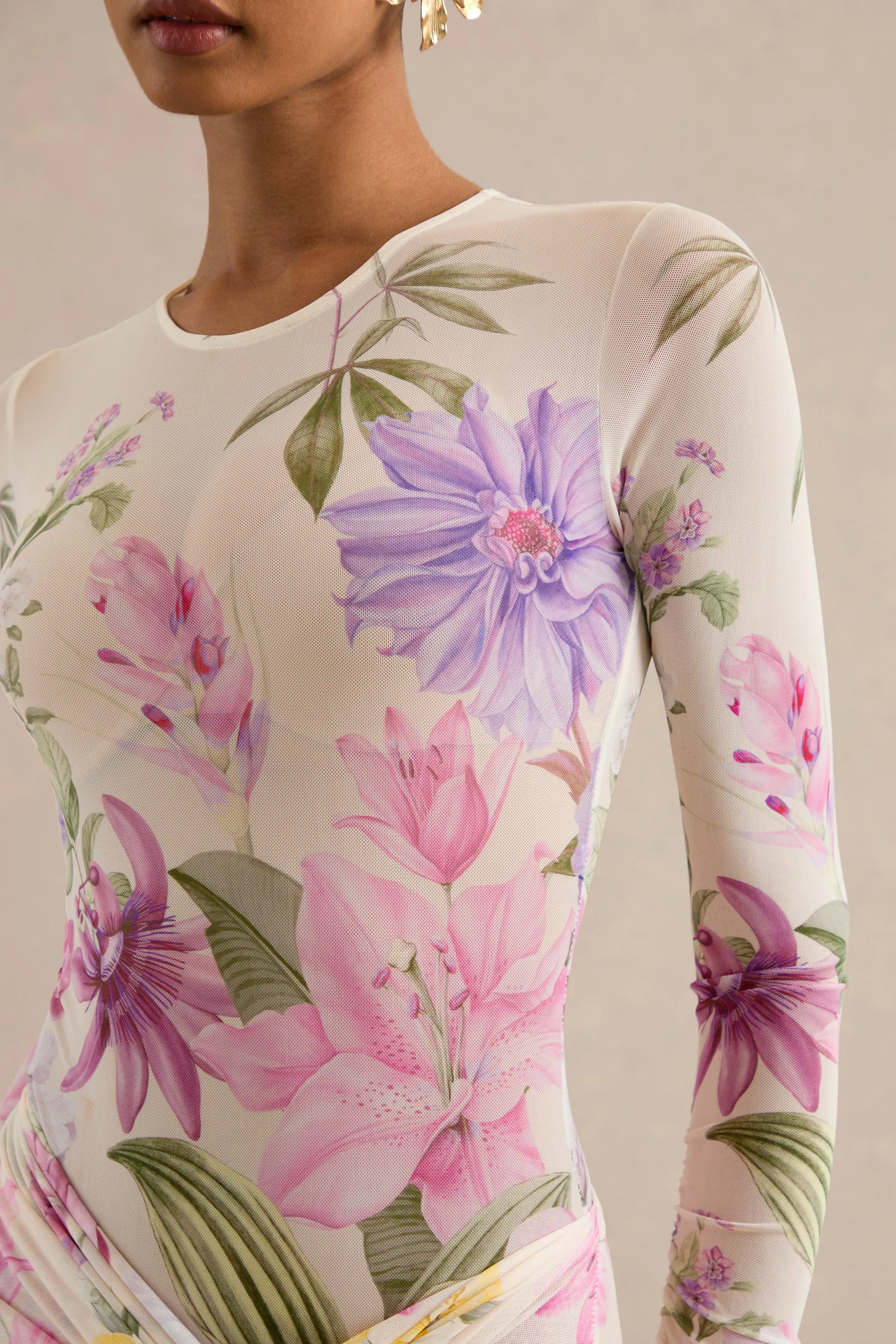 Malva | Cream Floral Print Mesh Round-Neck Bodysuit sold by Club L London product image thumbnail 5