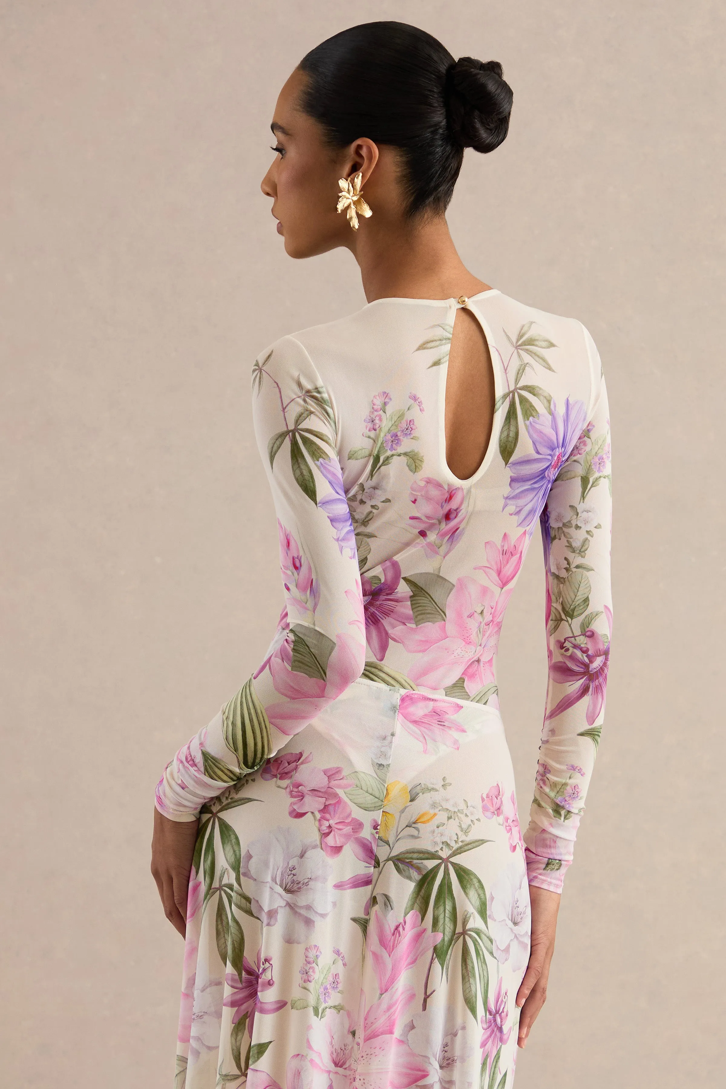 Malva | Cream Floral Print Mesh Round-Neck Bodysuit sold by Club L London product image thumbnail 2