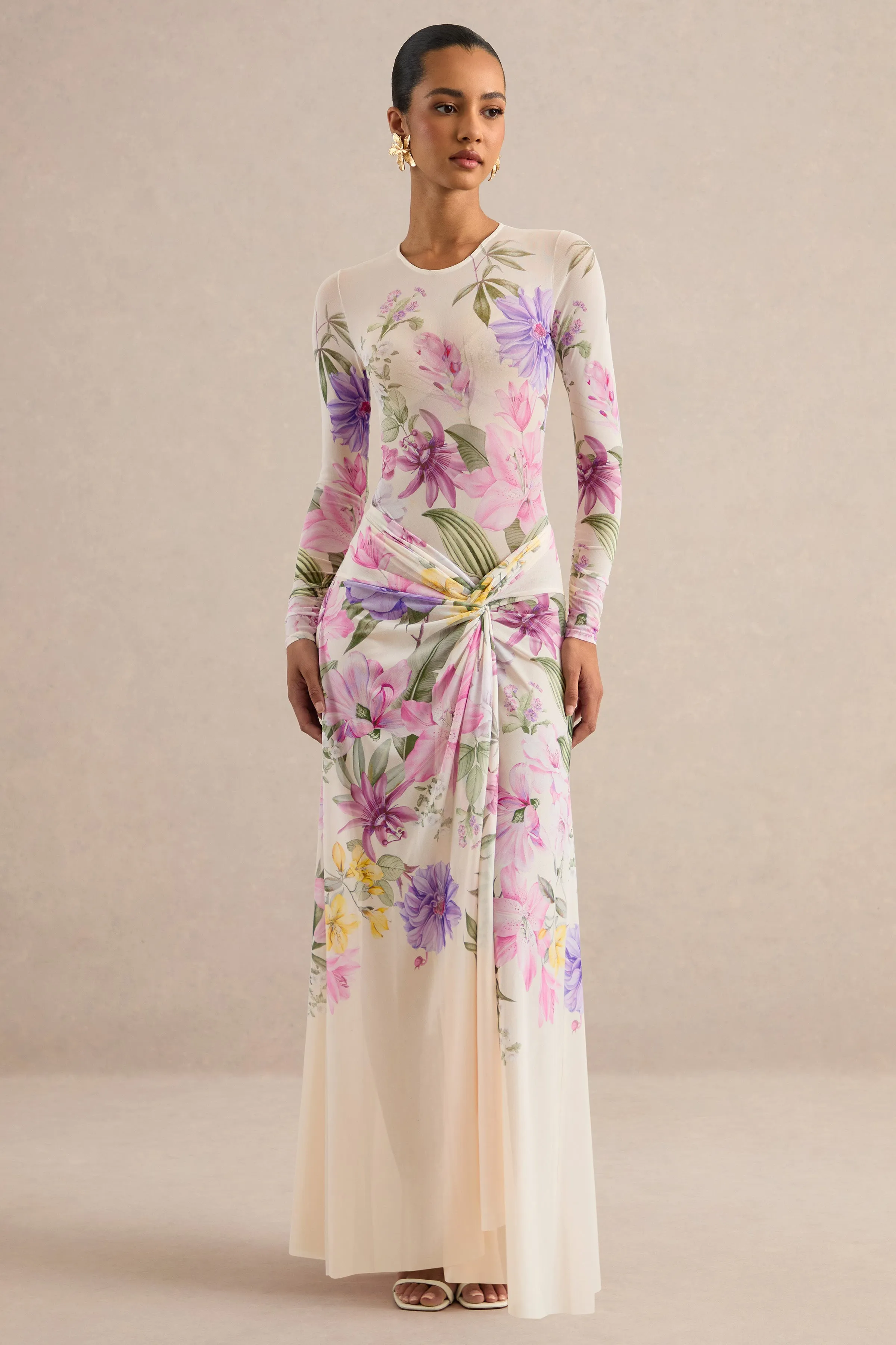 Malva | Cream Floral Print Mesh Round-Neck Bodysuit sold by Club L London product image thumbnail 3