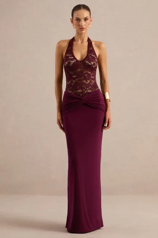 Florine | Burgundy Jersey Twisted Mid Rise Maxi Skirt With Gathered Detailing made by Club L London