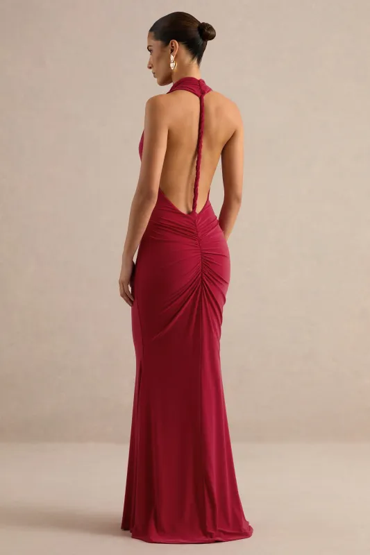 Lyrielle | Red Jersey High Neck Maxi Dress With Ruching And Twist Back Detail made by Club L London