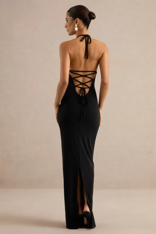 Lailah | Black Jersey Halter Maxi Dress With Tie Back Detail made by Club L London