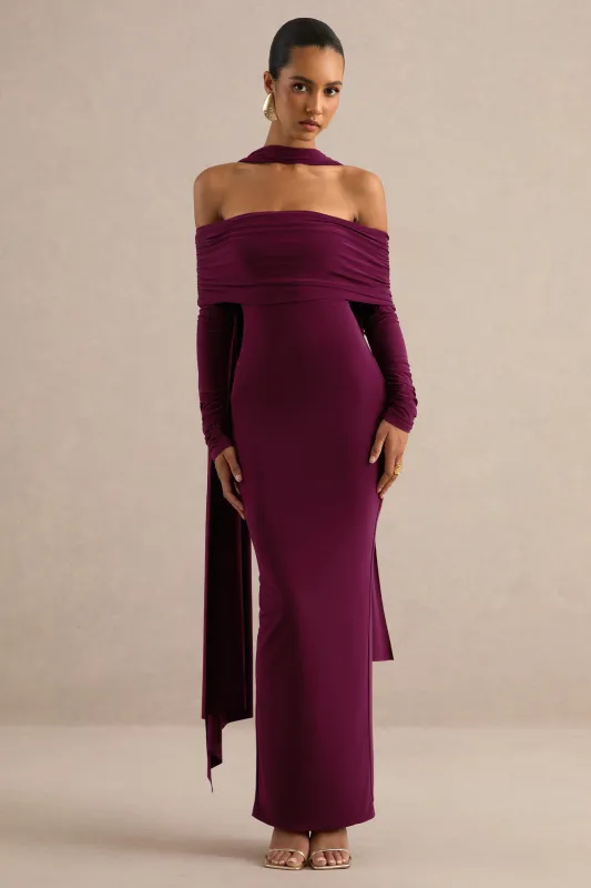 Julissa | Burgundy Jersey Ruched Bardot Long Sleeve Maxi Dress With Scarf Detail And Split made by Club L London