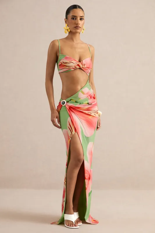 Miralina | Dark Green Floral Print Sweetheart-Neck Maxi Dress made by Club L London