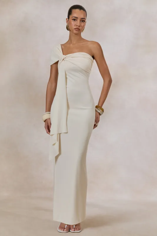 Airi | Cream Asymmetric-Neck Maxi Dress With Gathered Detailing And Sash made by Club L London
