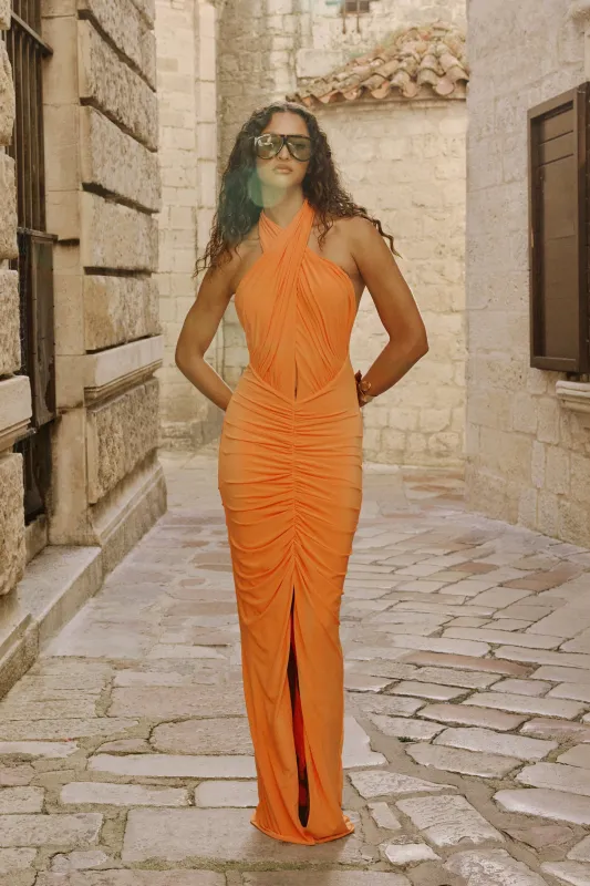 Alinor | Orange Jersey Wrap Ruched Halter Maxi Dress With Low Back And Split made by Club L London