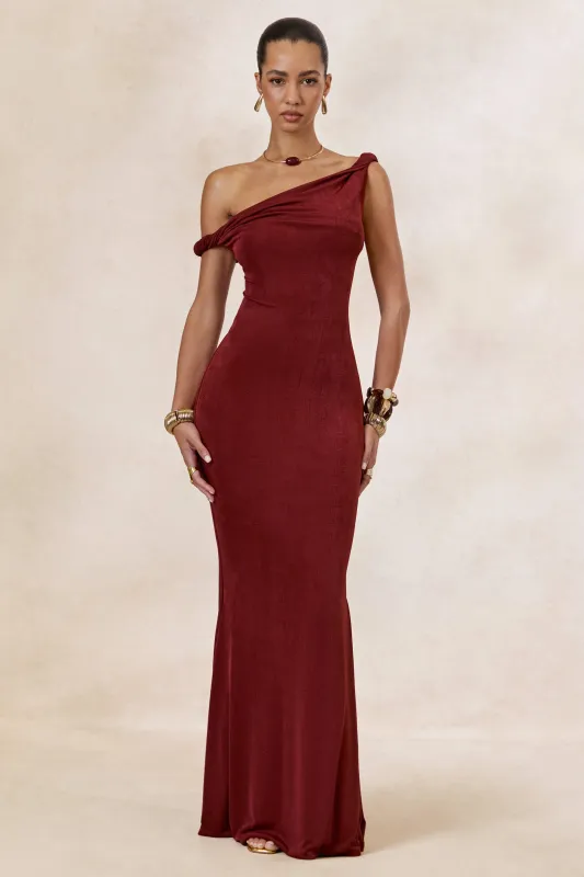 Aminta | Rust Twisted Asymmetric-Neck Maxi Dress made by Club L London