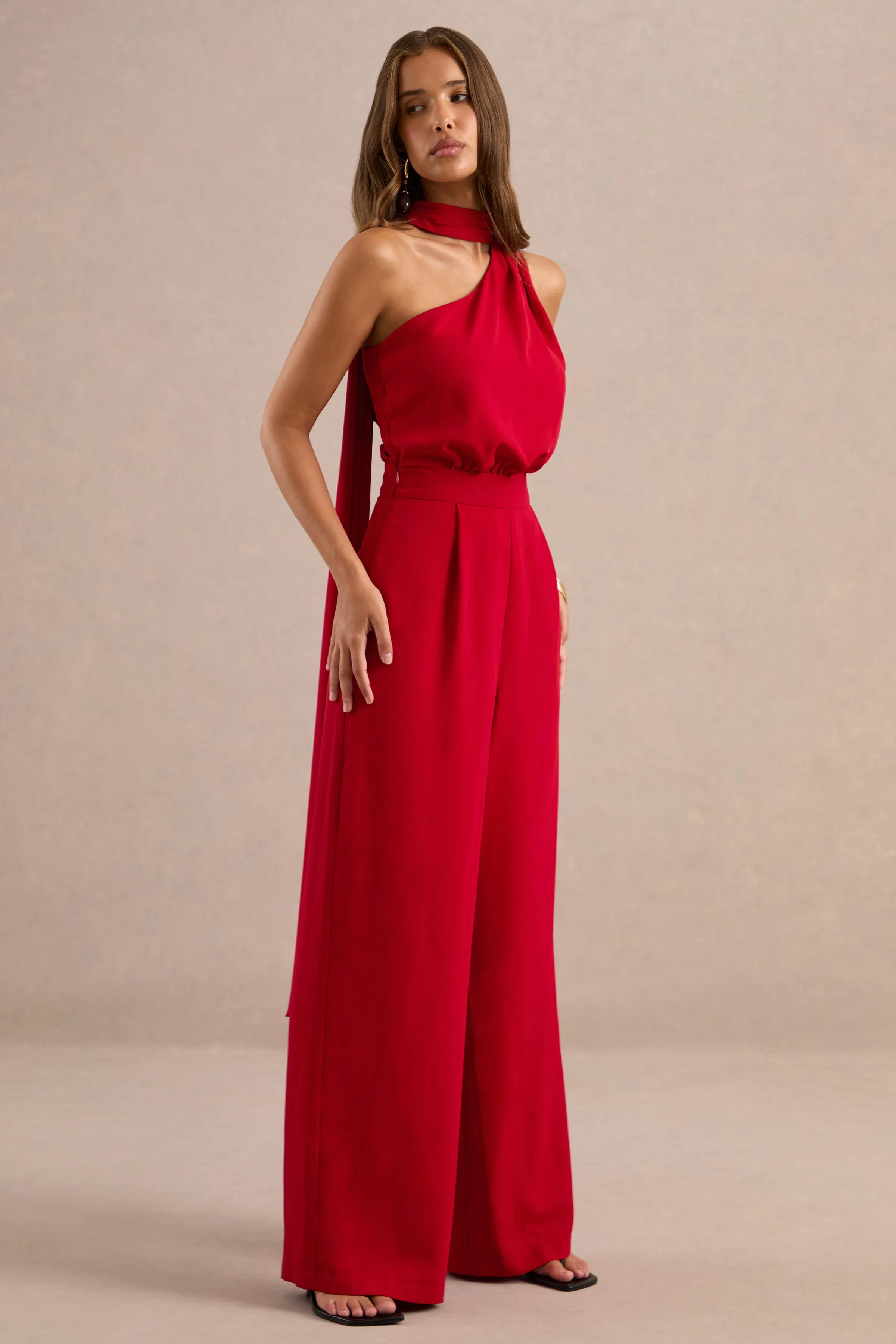 Gliselle | Red One Shoulder Jumpsuit With Scarf Detail sold by Club L London product image thumbnail 3