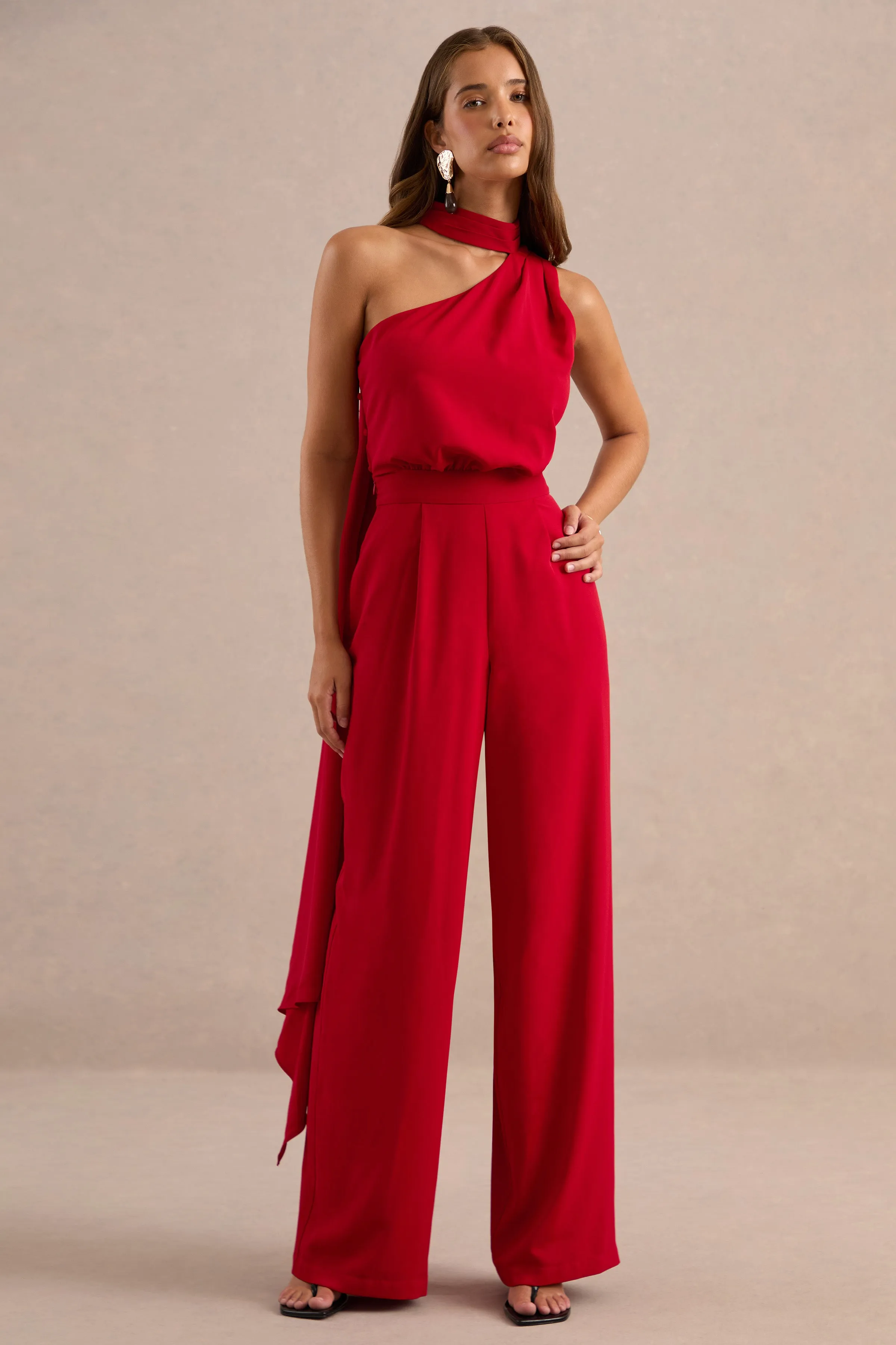 Gliselle | Red One Shoulder Jumpsuit With Scarf Detail sold by Club L London product image thumbnail 4