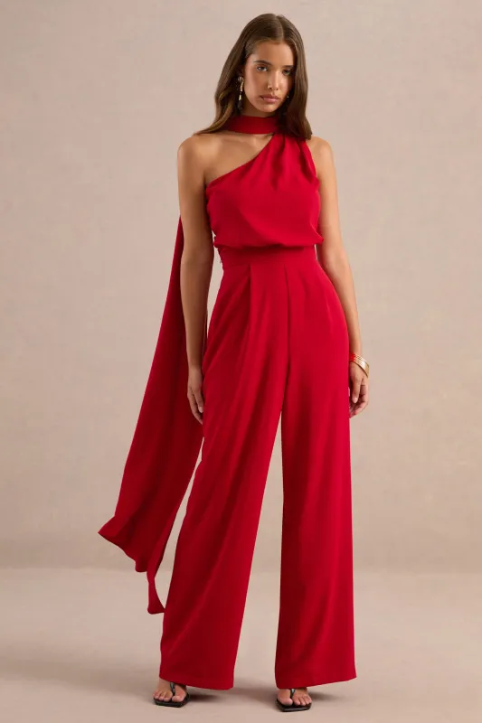 Gliselle | Red One Shoulder Jumpsuit With Scarf Detail made by Club L London