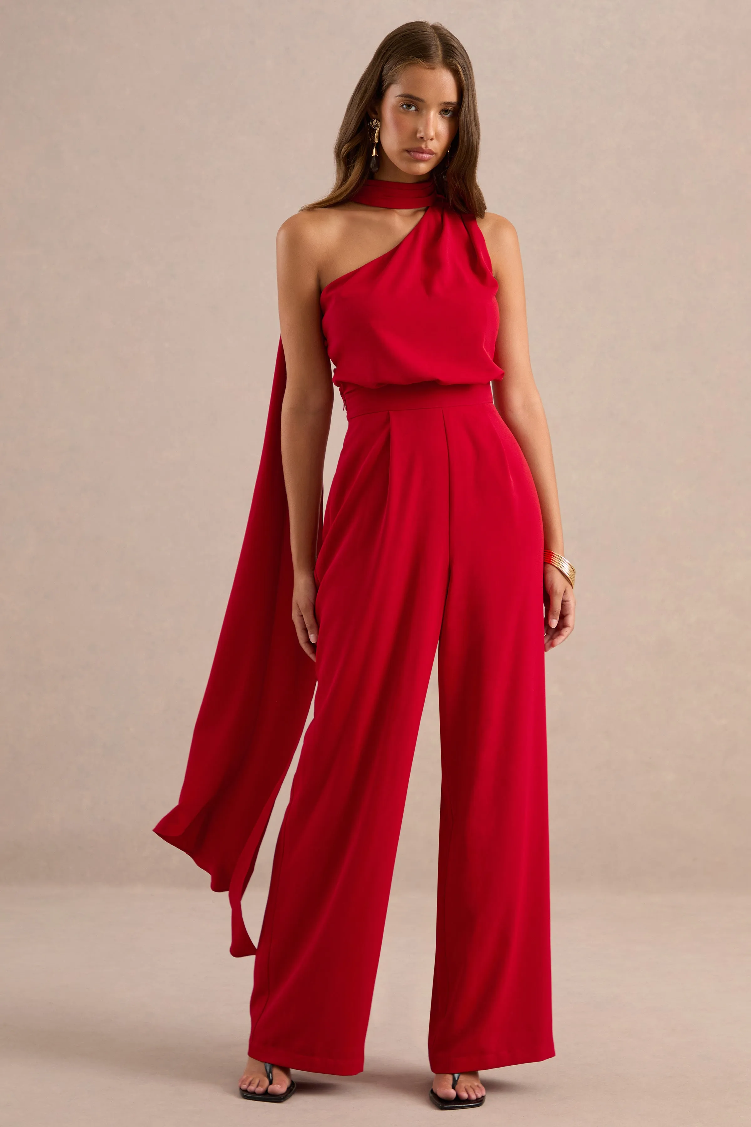 Gliselle | Red One Shoulder Jumpsuit With Scarf Detail sold by Club L London
