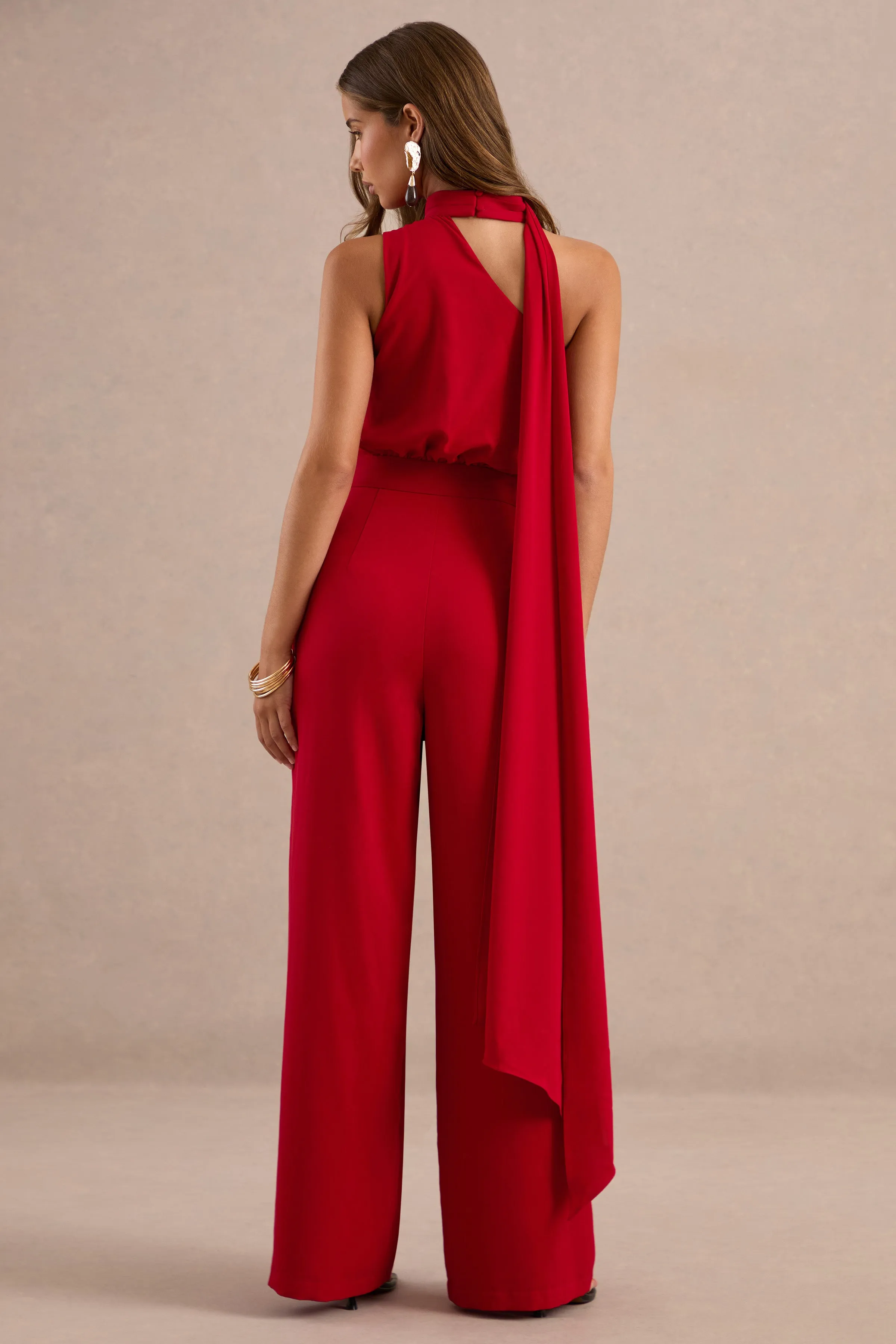 Gliselle | Red One Shoulder Jumpsuit With Scarf Detail sold by Club L London product image thumbnail 2