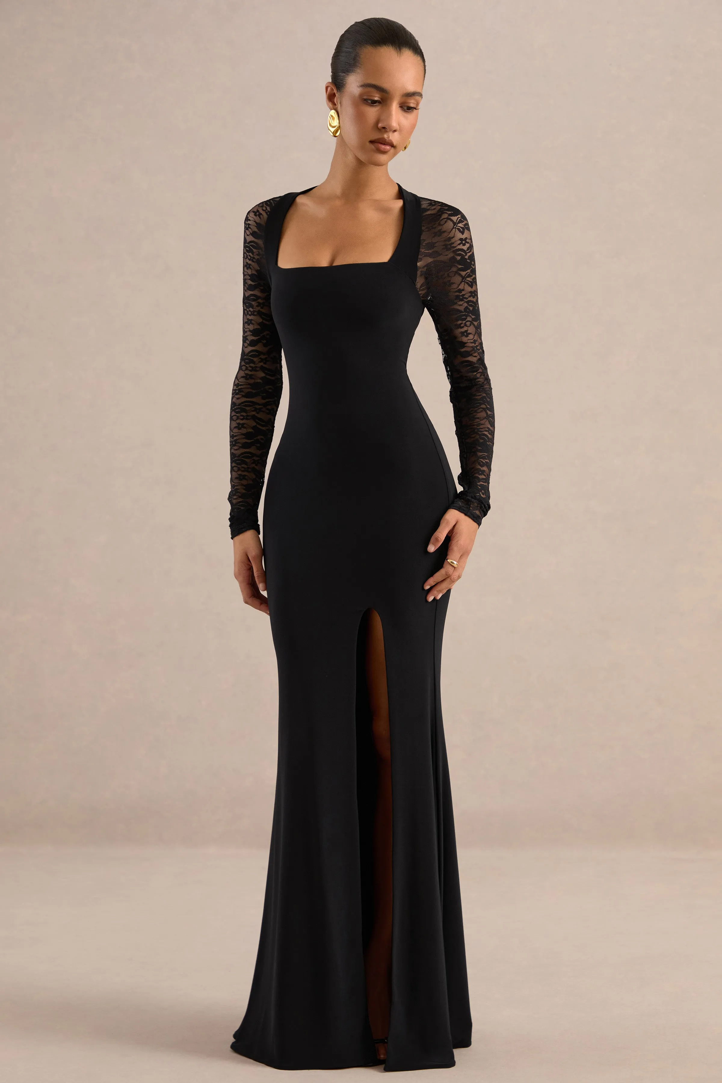 Anessa | Black Jersey Square Neck Maxi Dress With Sheer Lace Sleeves And Split sold by Club L London product image thumbnail 5