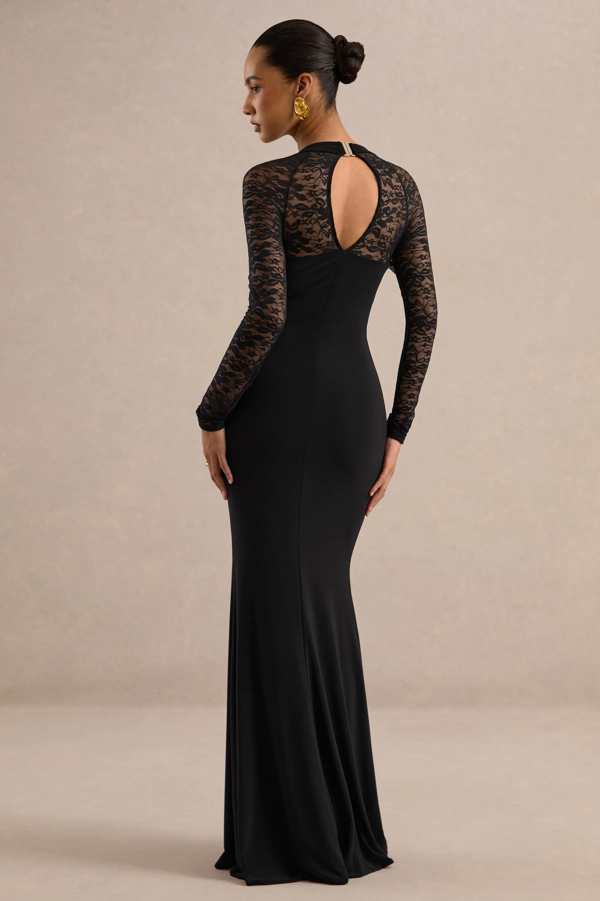 Anessa | Black Jersey Square Neck Maxi Dress With Sheer Lace Sleeves And Split sold by Club L London product image thumbnail 2