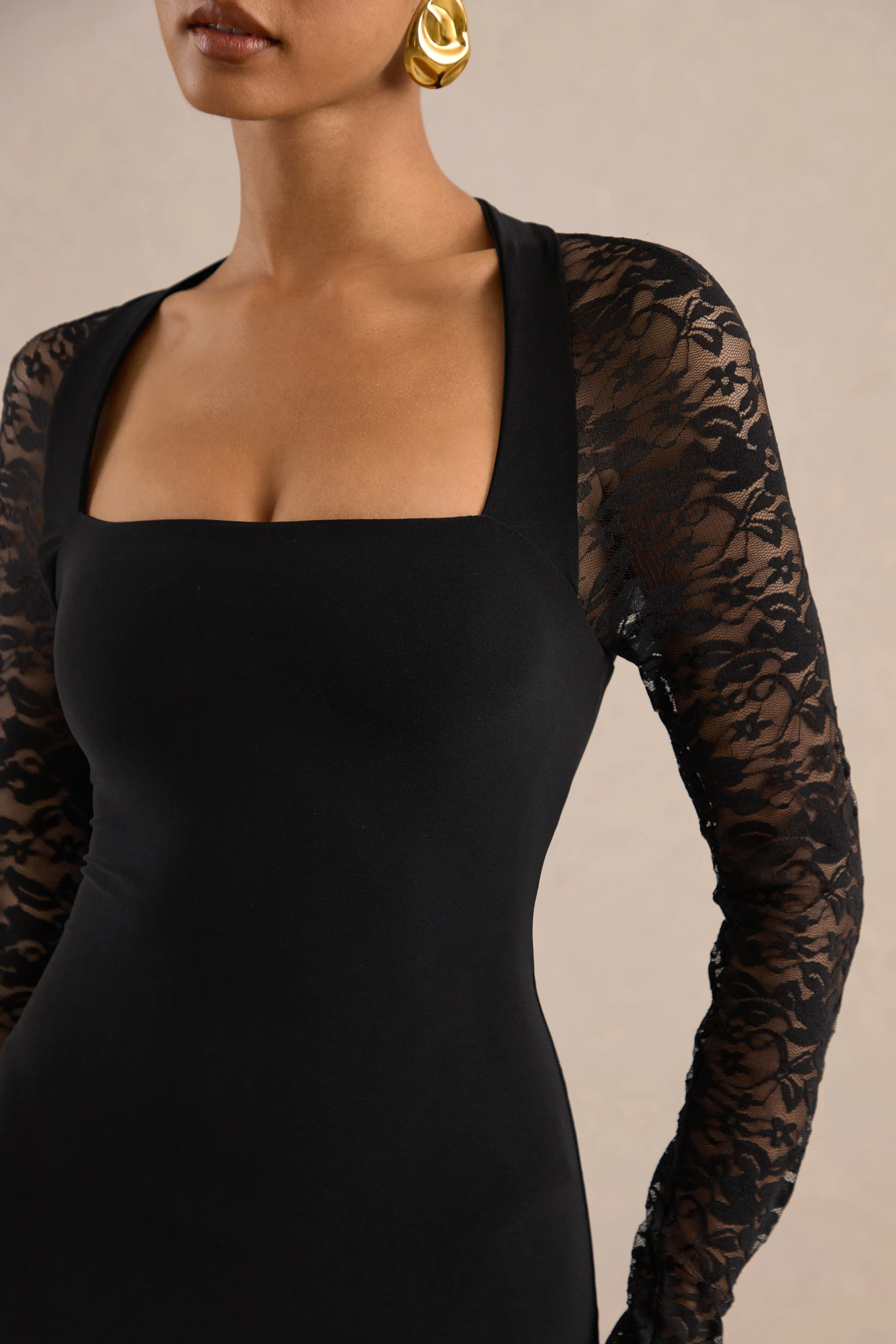 Anessa | Black Jersey Square Neck Maxi Dress With Sheer Lace Sleeves And Split sold by Club L London product image thumbnail 4