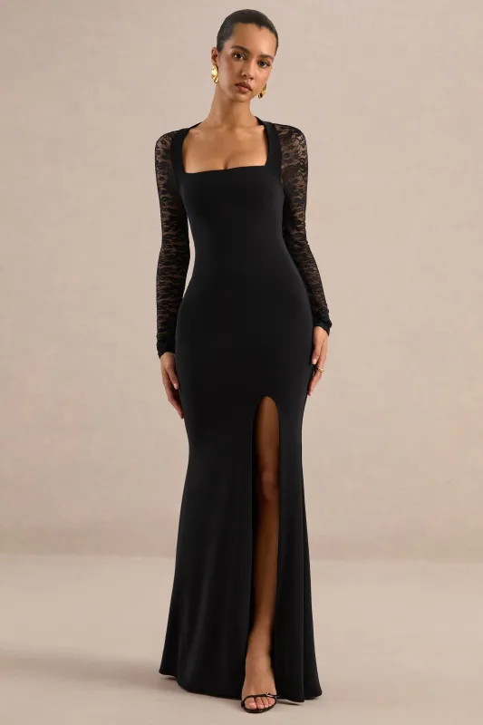 Anessa | Black Jersey Square Neck Maxi Dress With Sheer Lace Sleeves And Split made by Club L London
