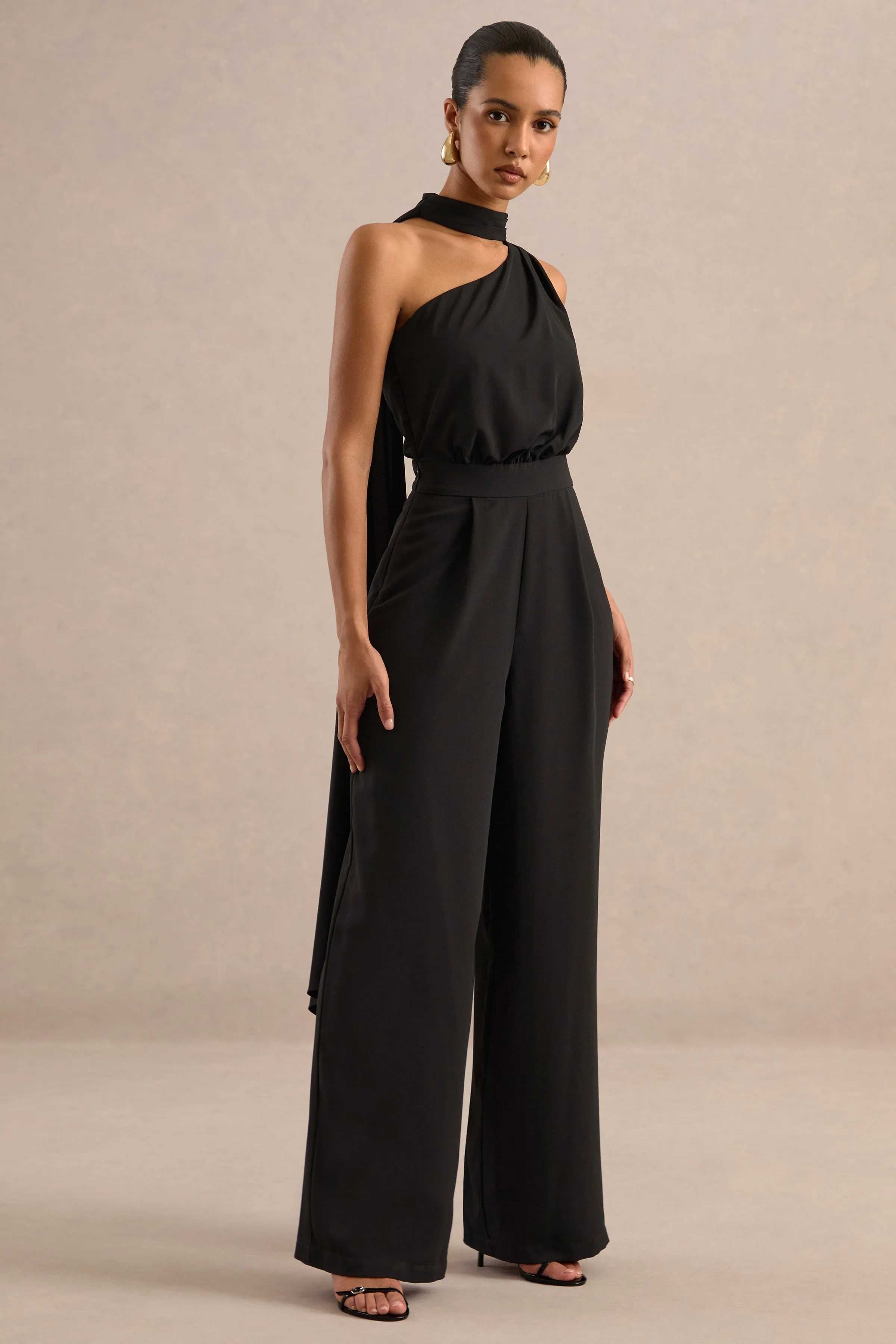 Gliselle | Black One Shoulder Jumpsuit With Scarf Detail sold by Club L London product image thumbnail 3