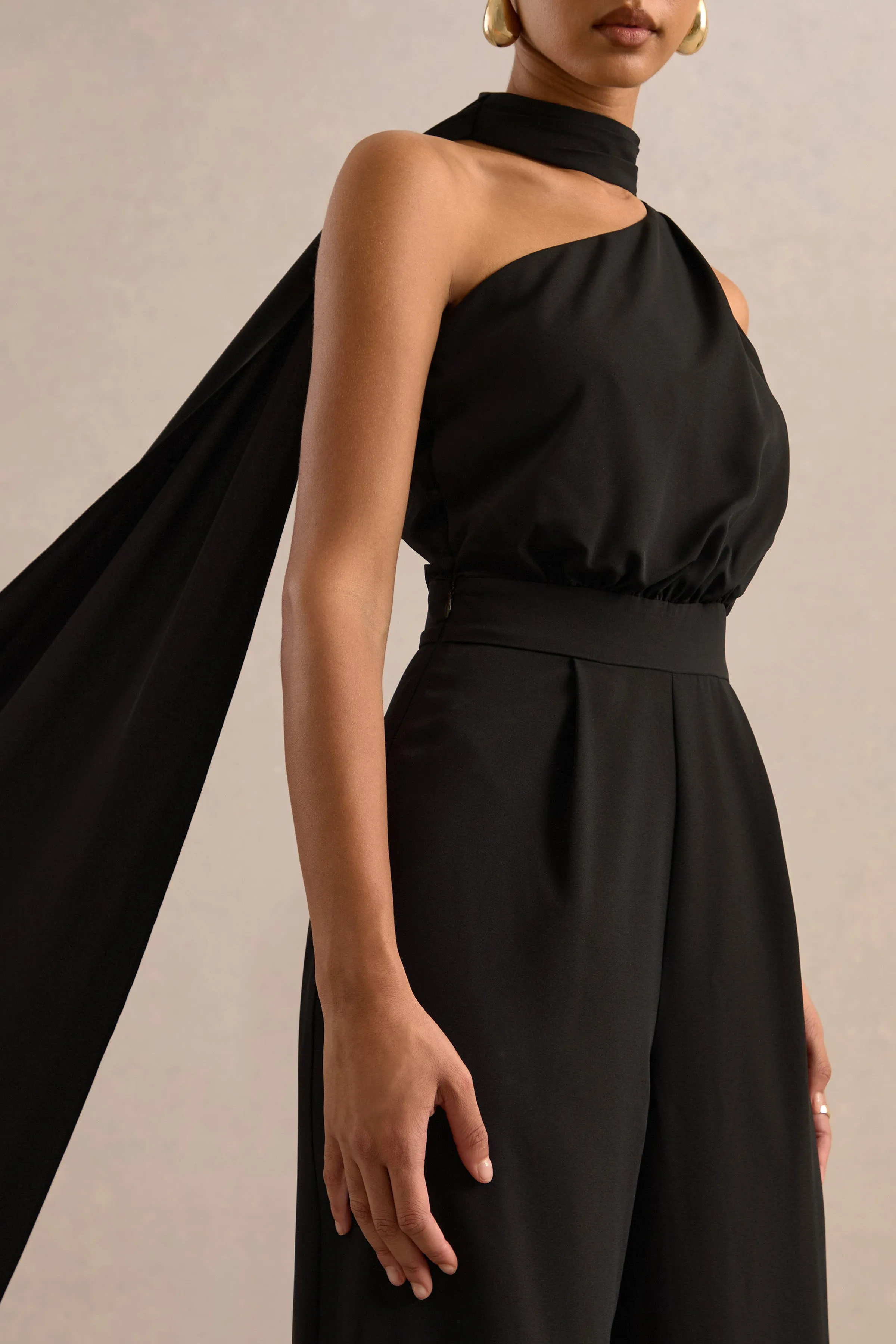 Gliselle | Black One Shoulder Jumpsuit With Scarf Detail sold by Club L London product image thumbnail 4