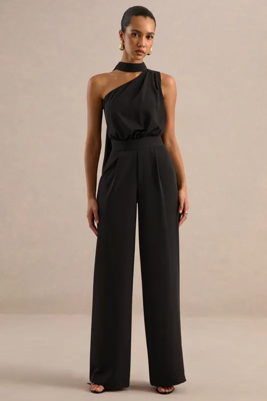 Gliselle | Black One Shoulder Jumpsuit With Scarf Detail made by Club L London