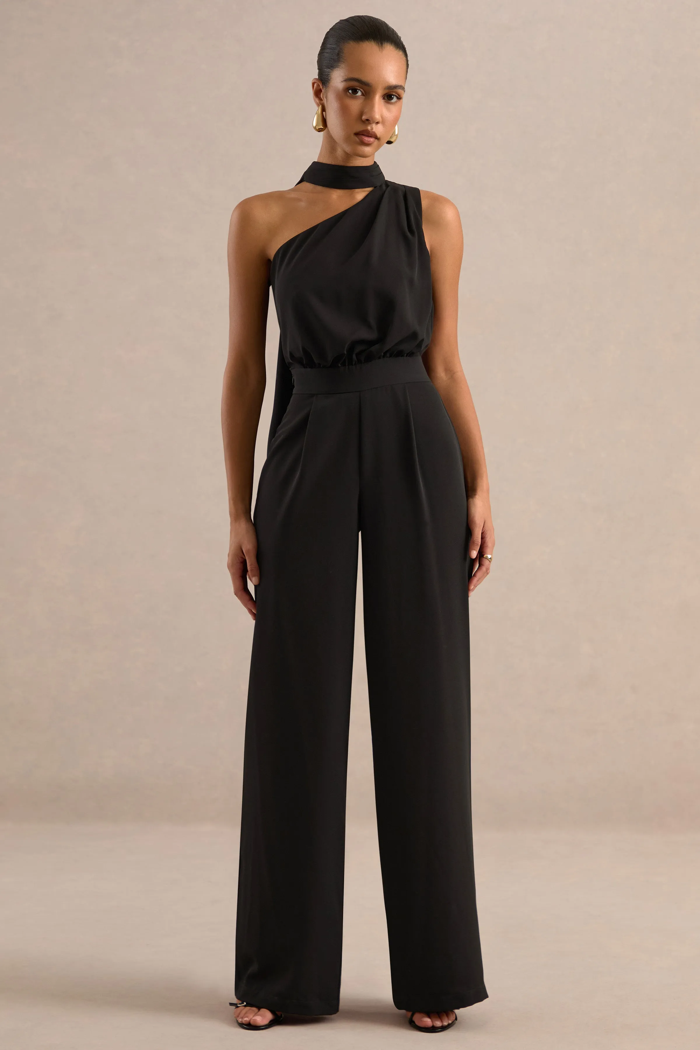 Gliselle | Black One Shoulder Jumpsuit With Scarf Detail sold by Club L London