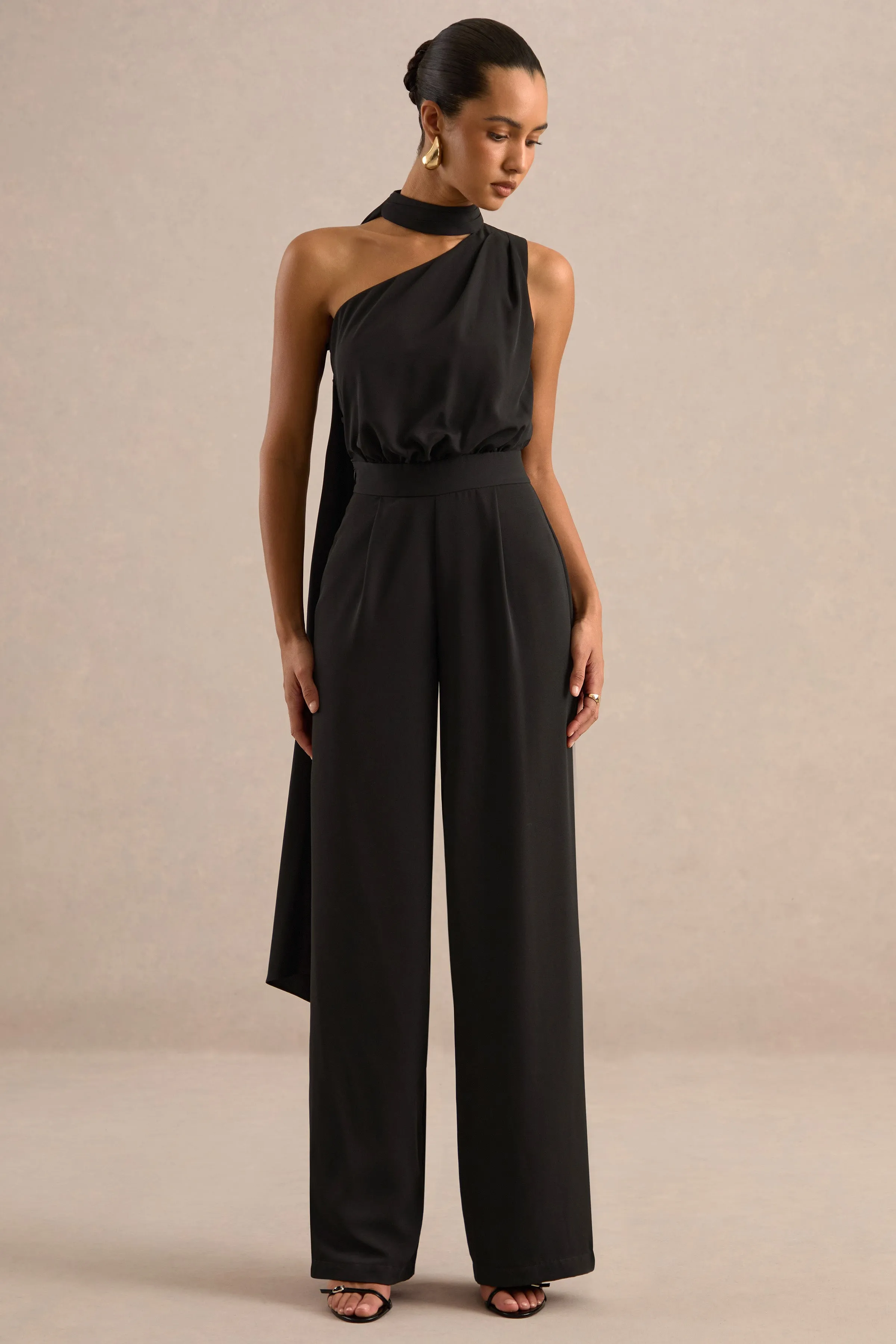 Gliselle | Black One Shoulder Jumpsuit With Scarf Detail sold by Club L London product image thumbnail 5