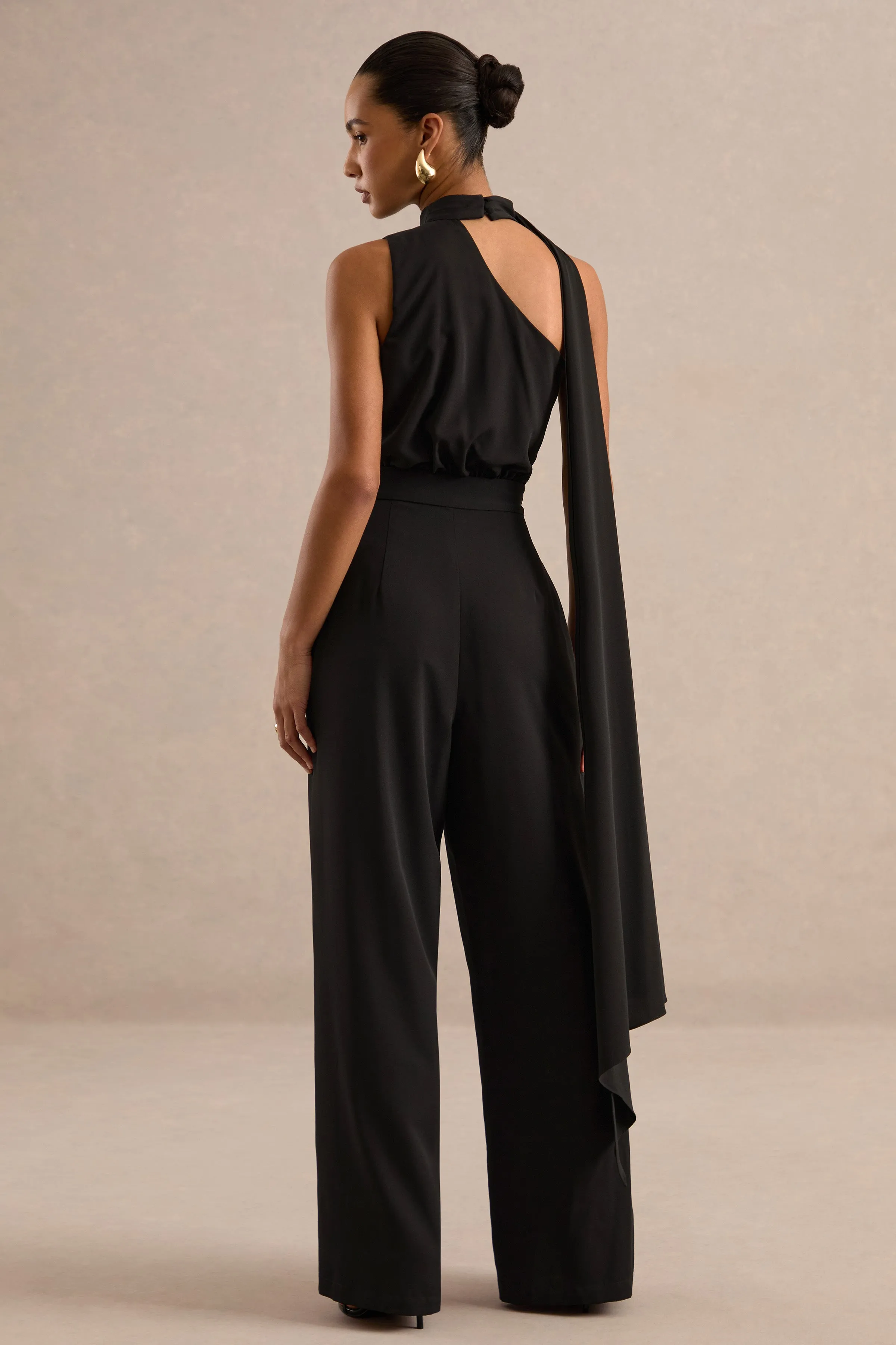 Gliselle | Black One Shoulder Jumpsuit With Scarf Detail sold by Club L London product image thumbnail 2
