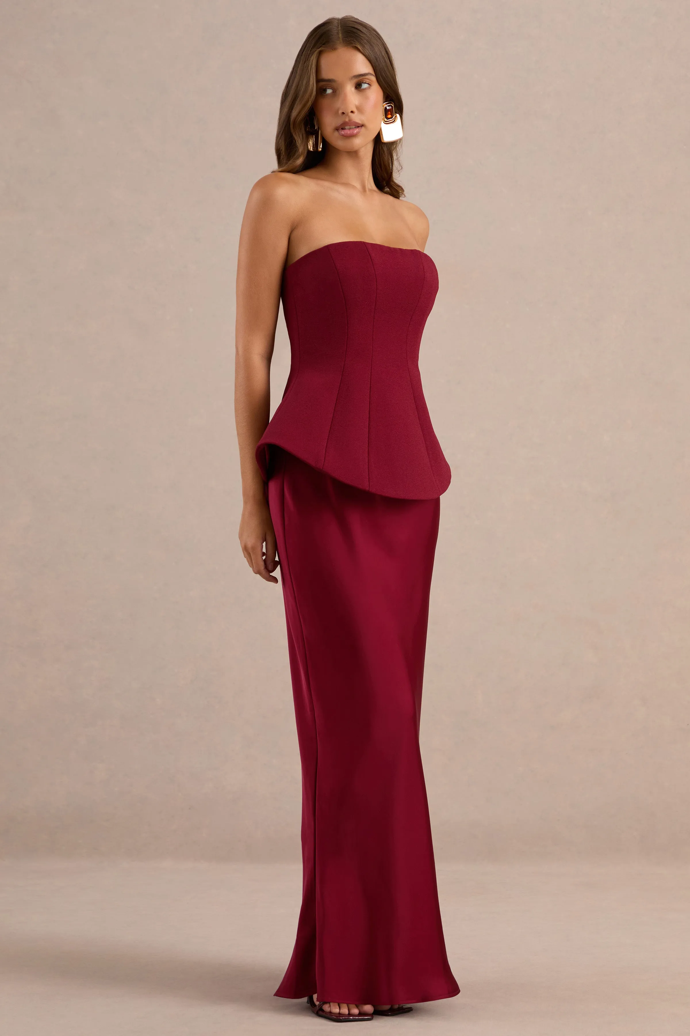 Ohio | Burgundy Bandeau Maxi Dress With Satin Skirt And Corset sold by Club L London product image thumbnail 3