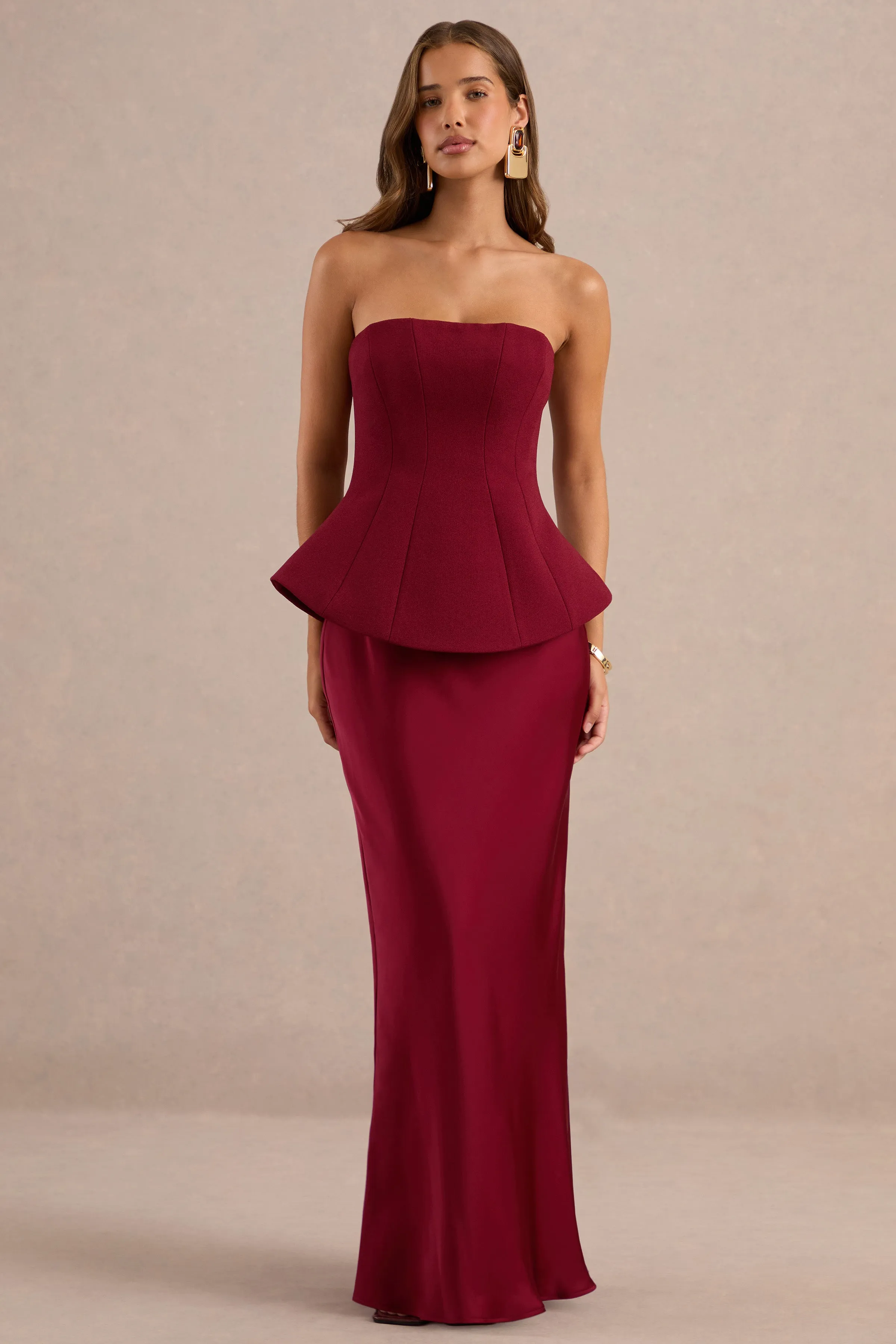 Ohio | Burgundy Bandeau Maxi Dress With Satin Skirt And Corset sold by Club L London