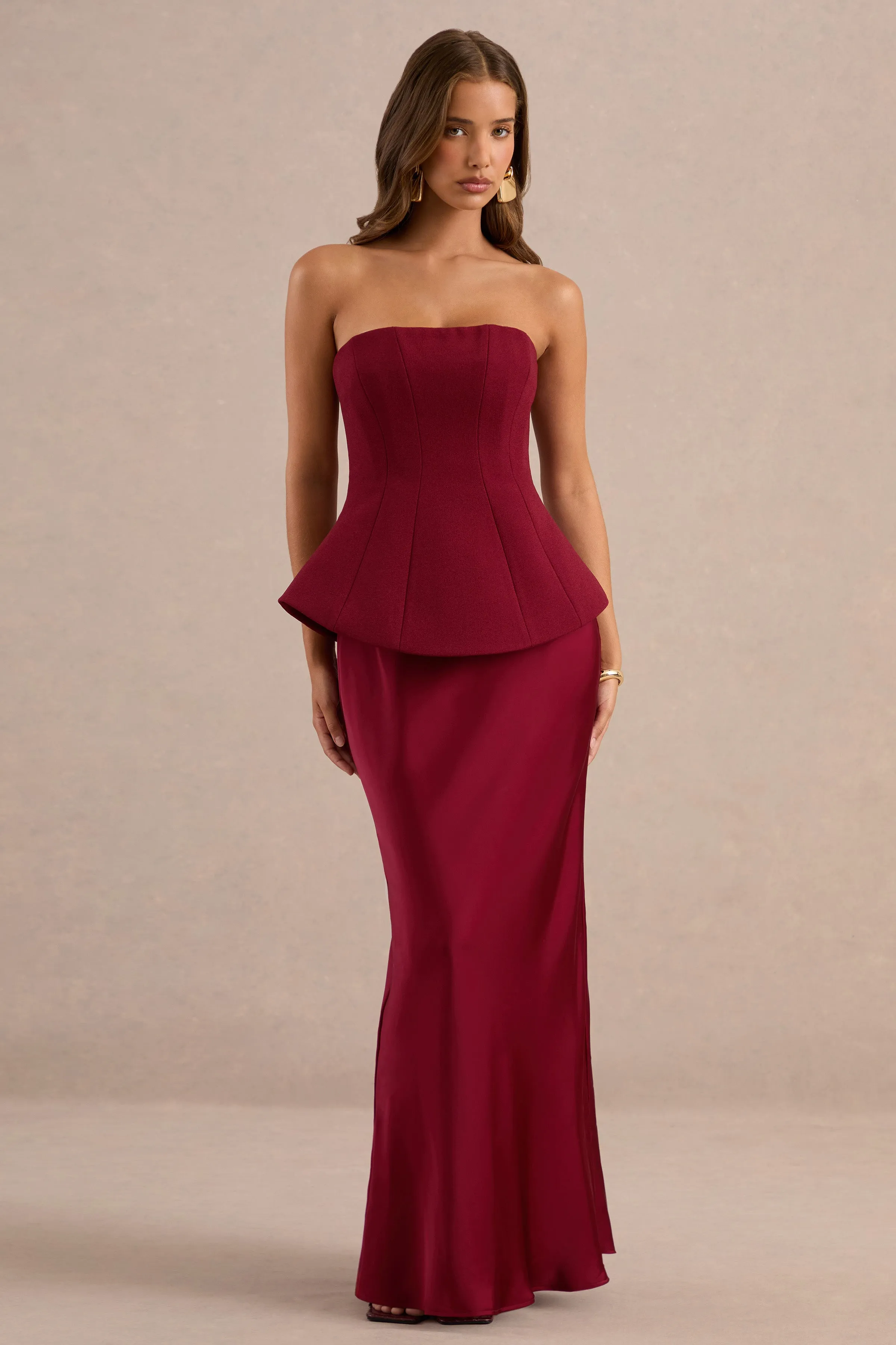 Ohio | Burgundy Bandeau Maxi Dress With Satin Skirt And Corset sold by Club L London product image thumbnail 5