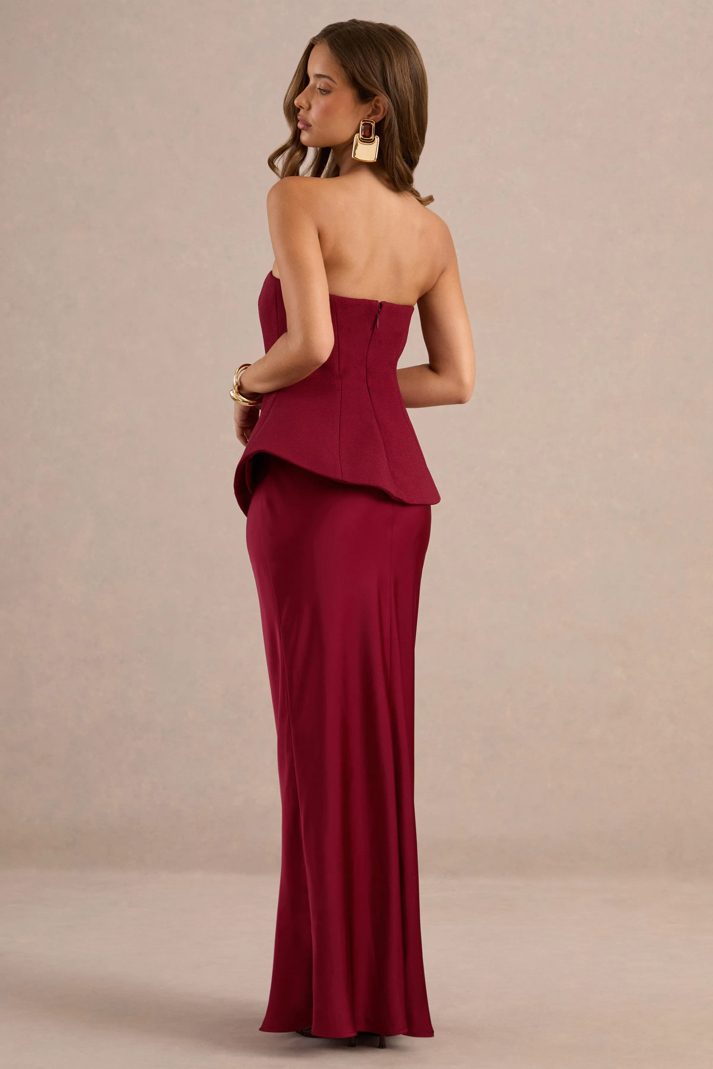 Ohio | Burgundy Bandeau Maxi Dress With Satin Skirt And Corset sold by Club L London product image thumbnail 2