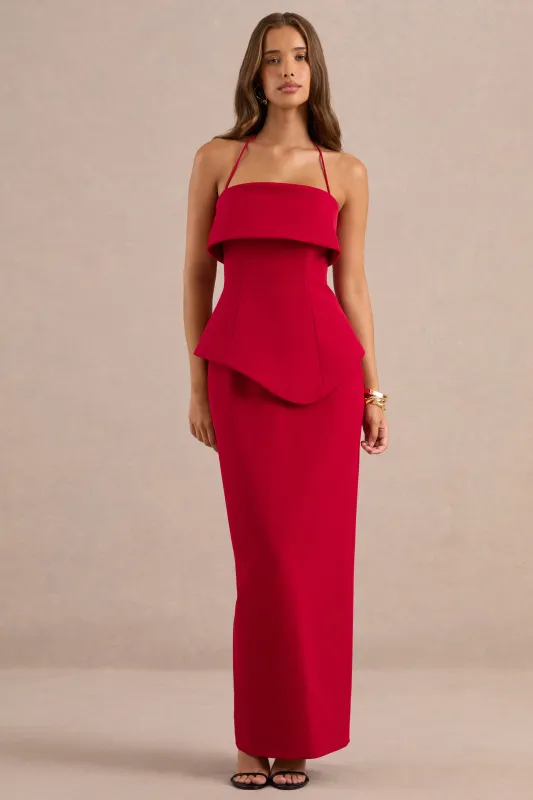 Fran | Red Scuba Square Neck Maxi Dress With Corset And Back Split made by Club L London