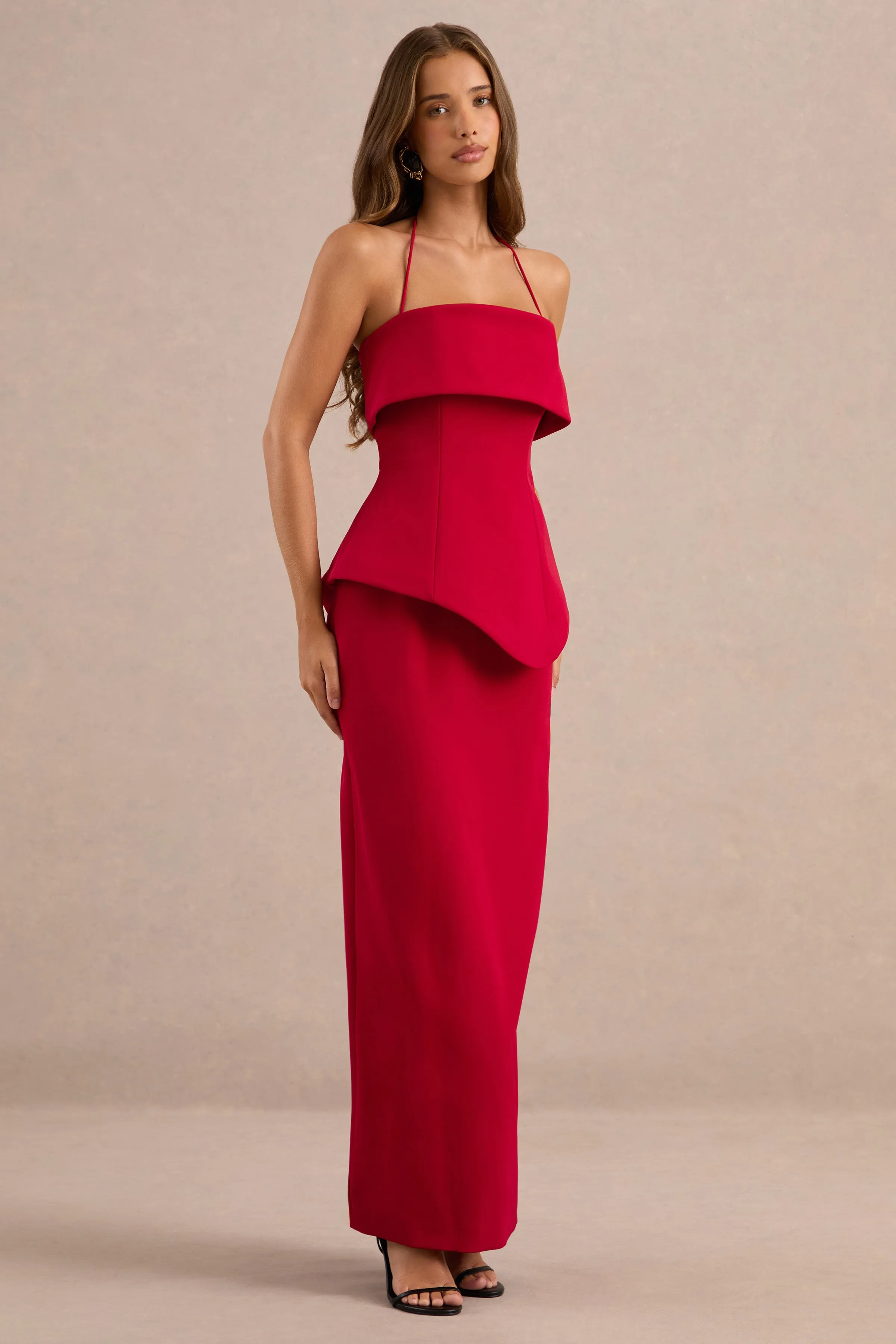 Fran | Red Scuba Square Neck Maxi Dress With Corset And Back Split sold by Club L London product image thumbnail 4