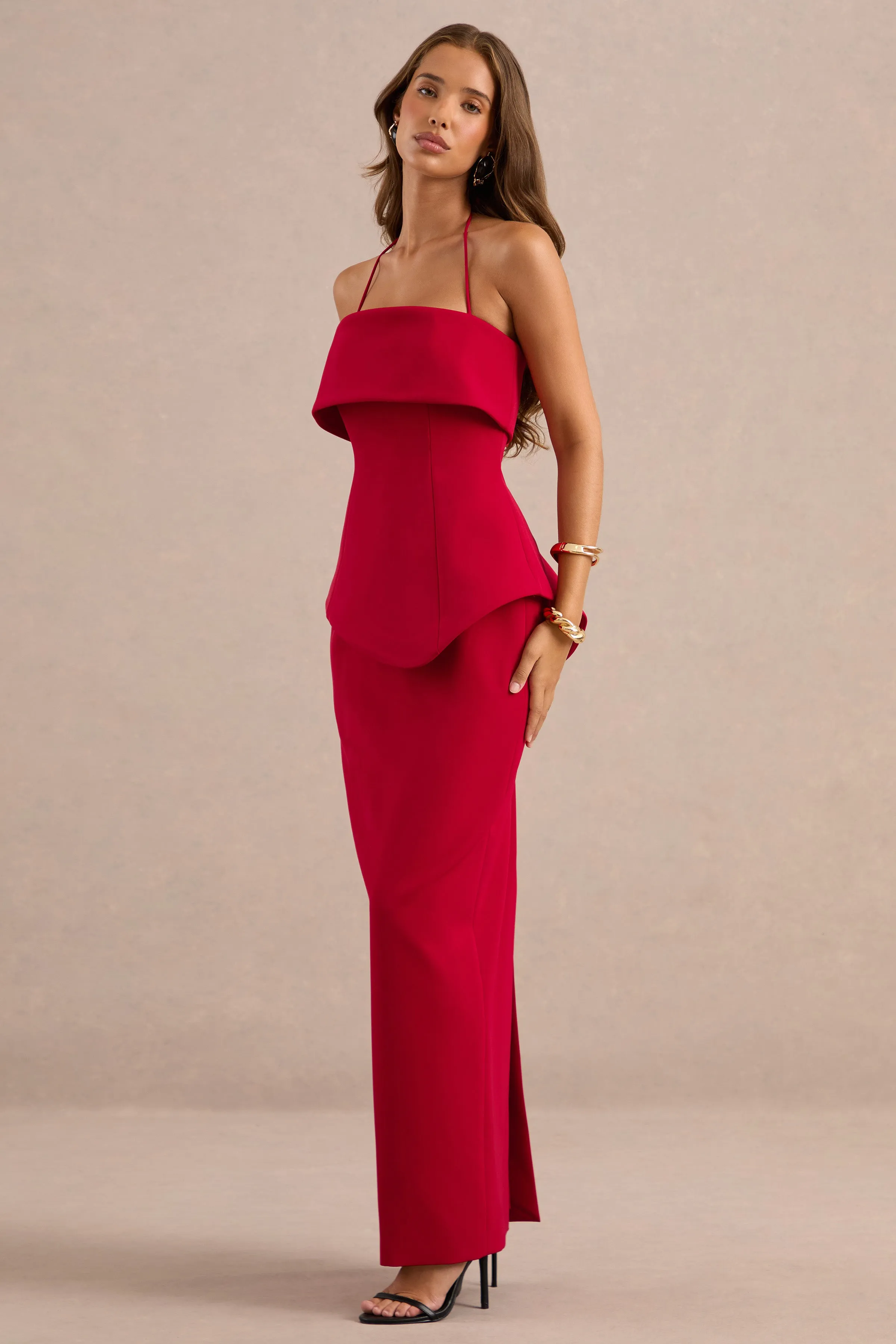 Fran | Red Scuba Square Neck Maxi Dress With Corset And Back Split sold by Club L London product image thumbnail 5