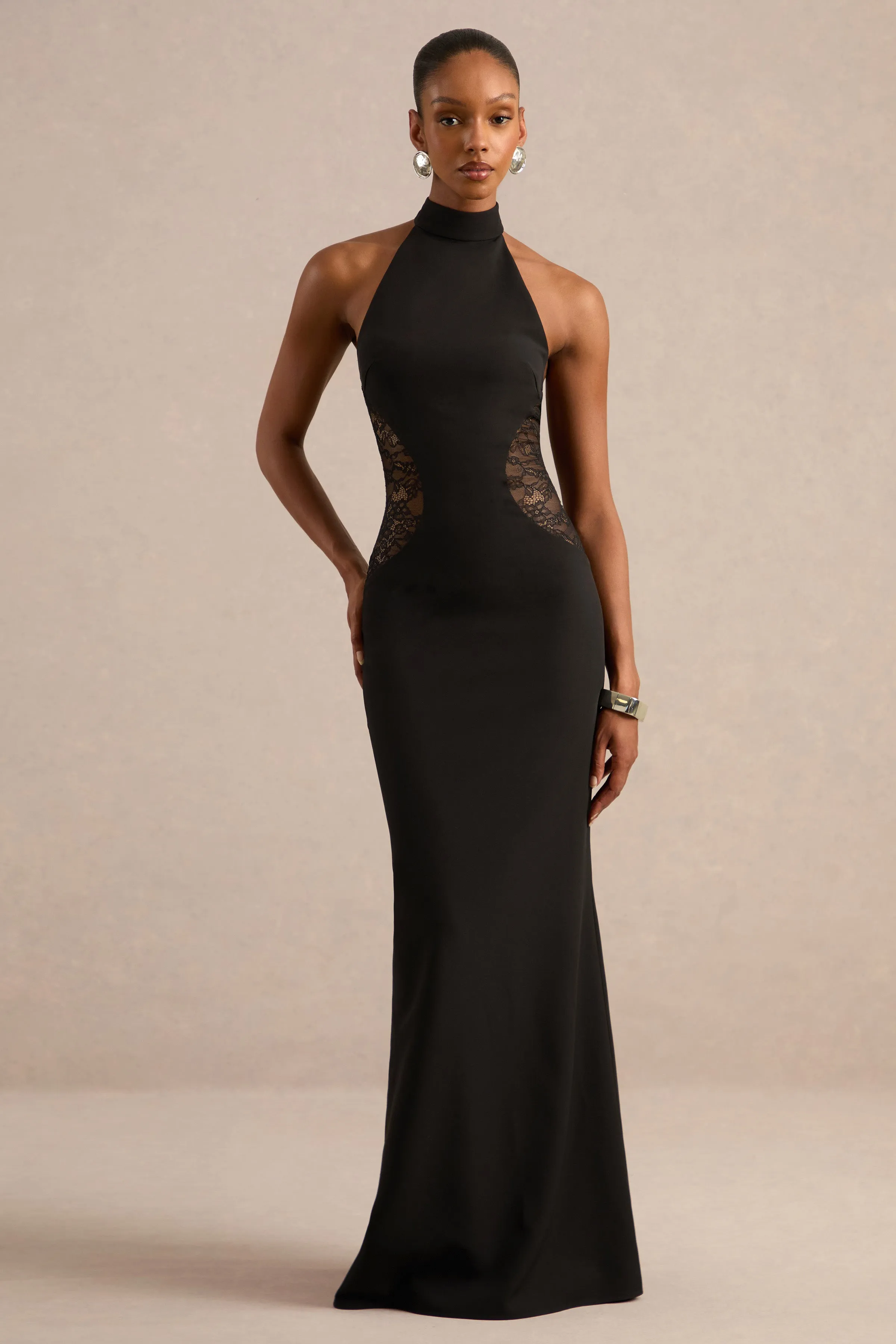 Laira | Black High Neck Maxi Dress With Sheer Lace Detail sold by Club L London