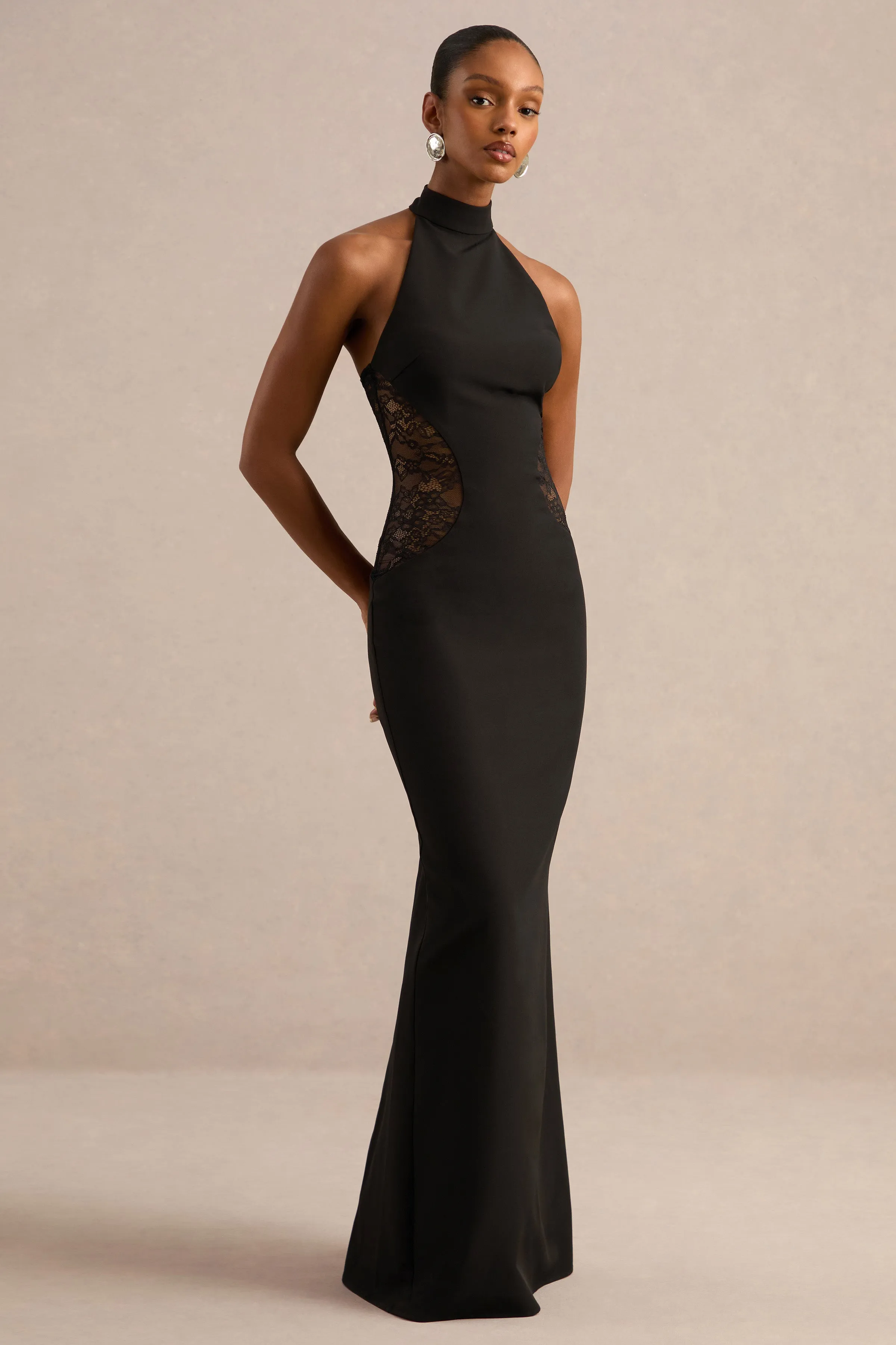 Laira | Black High Neck Maxi Dress With Sheer Lace Detail sold by Club L London product image thumbnail 4