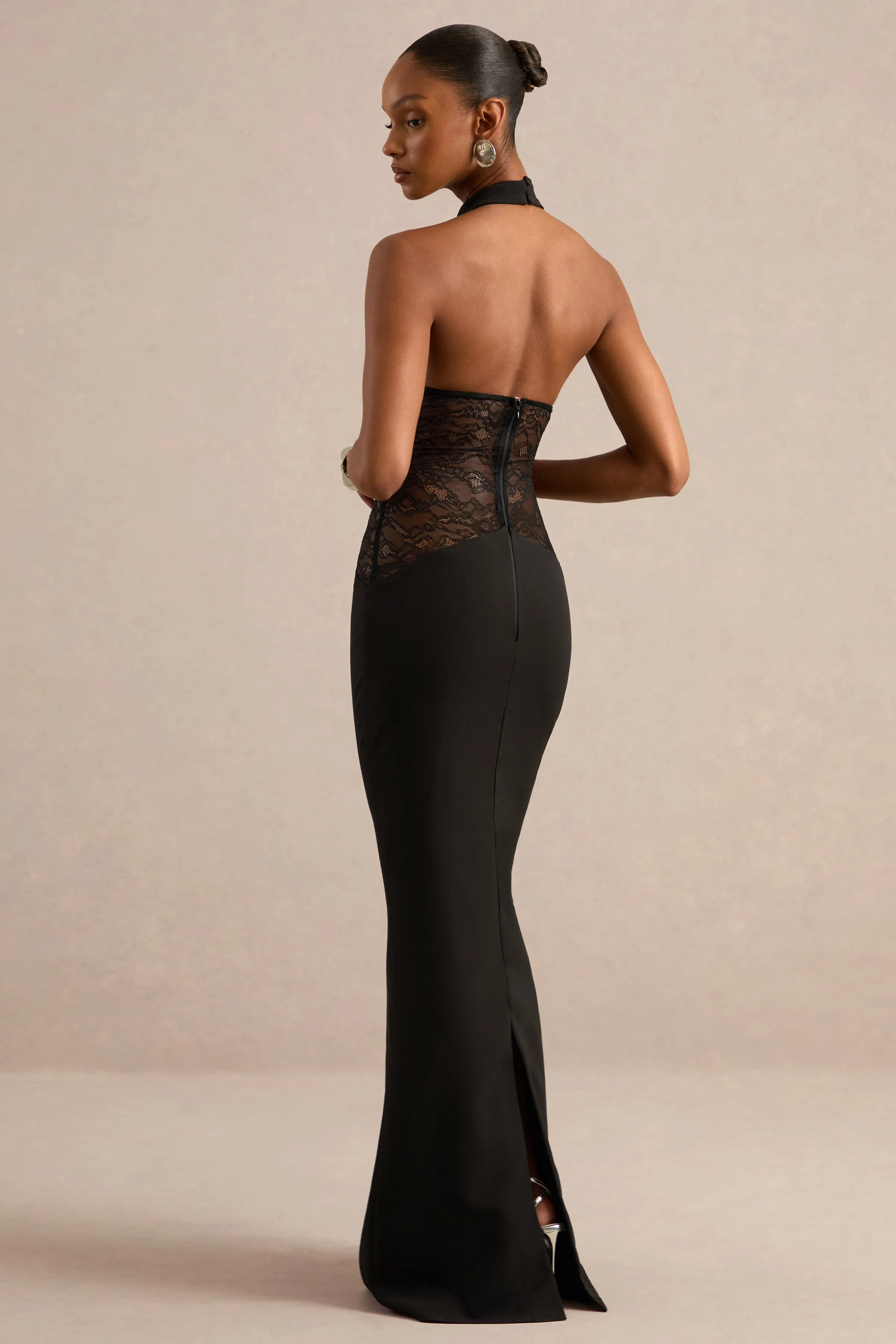 Laira | Black High Neck Maxi Dress With Sheer Lace Detail sold by Club L London product image thumbnail 2