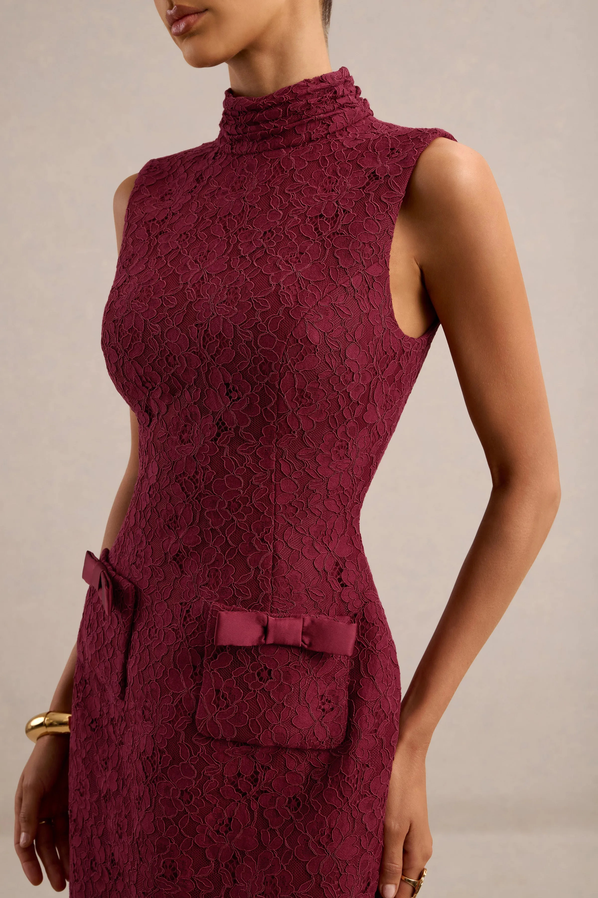 Cielle | Burgundy Lace High Neck Mini Dress With Bow Detailing sold by Club L London product image thumbnail 4