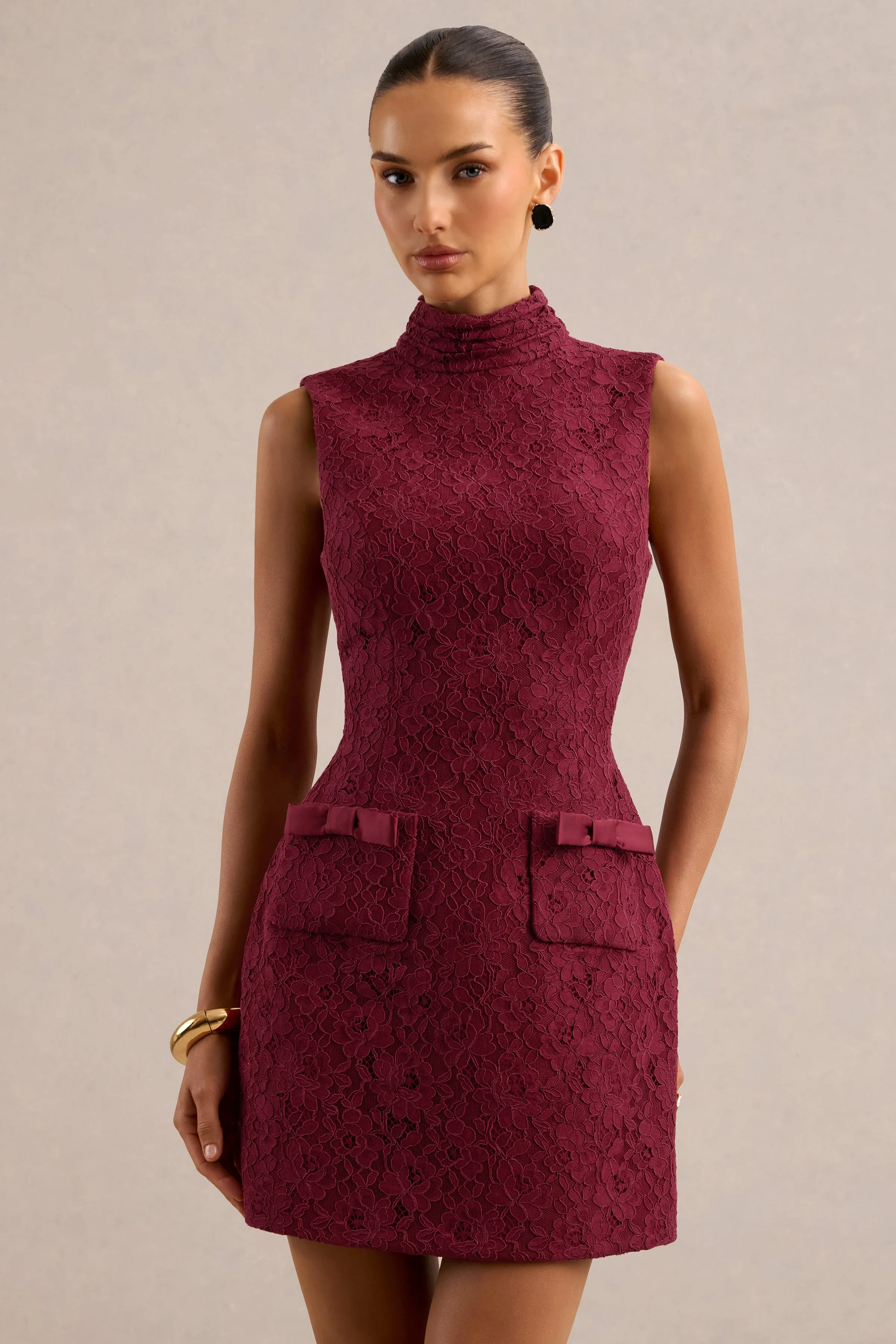 Cielle | Burgundy Lace High Neck Mini Dress With Bow Detailing sold by Club L London product image thumbnail 5