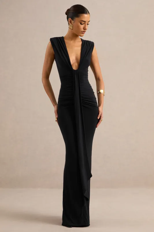Eleanor | Black Jersey Ruched Plunge Maxi Dress With Draped Detailing And Back Split made by Club L London