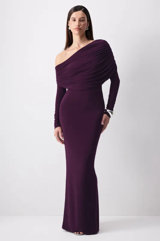 Cadia | Purple Jersey One Shoulder Long Sleeve Maxi Dress With Ruching made by Club L London