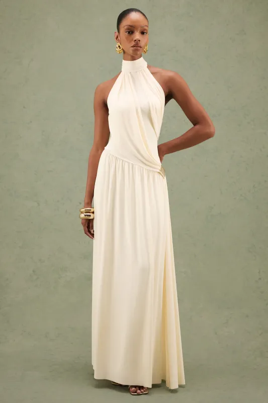 Sibel | Cream Jersey Ruched High Neck Maxi Dress With Draped Detailing And Gold Trim made by Club L London