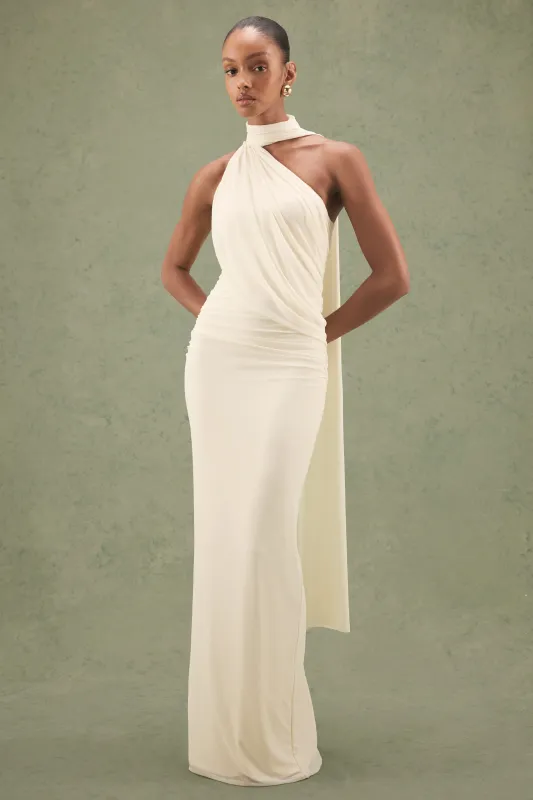 Gelsey | Cream Mesh High Neck Ruched Maxi Dress With Scarf Detail made by Club L London