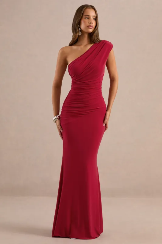 Mardi | Red Asymmetric Maxi Dress With Ruching made by Club L London